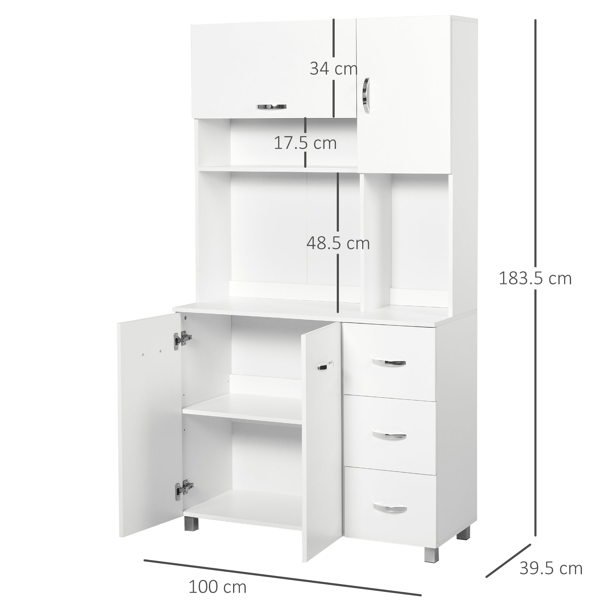 HOMCOM Freestanding Kitchen Cupboard, Storage Cabinet with Doors and Shelves, Drawers, Open Compartments for Microwave,White - North Peak Garden Furniture
