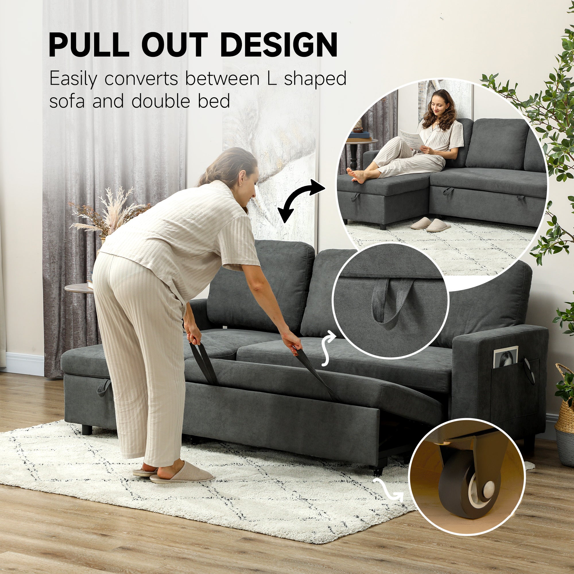 HOMCOM L Sofa Bed, with Storage - Charcoal Grey - North Peak Garden Furniture