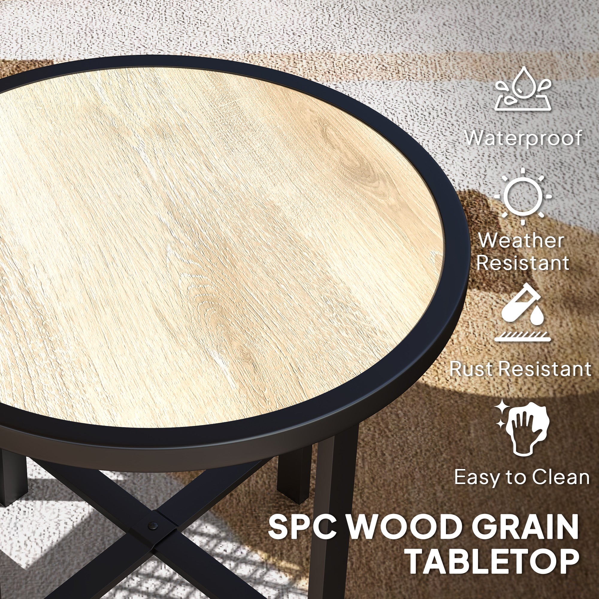 Outsunny Round Small Garden Table, 50.5cm Outdoor Side Table with SPC Tabletop, Metal Frame and Anti-slip Foot Pads for Garden, Balcony, Nature Wood Finish - North Peak Garden Furniture