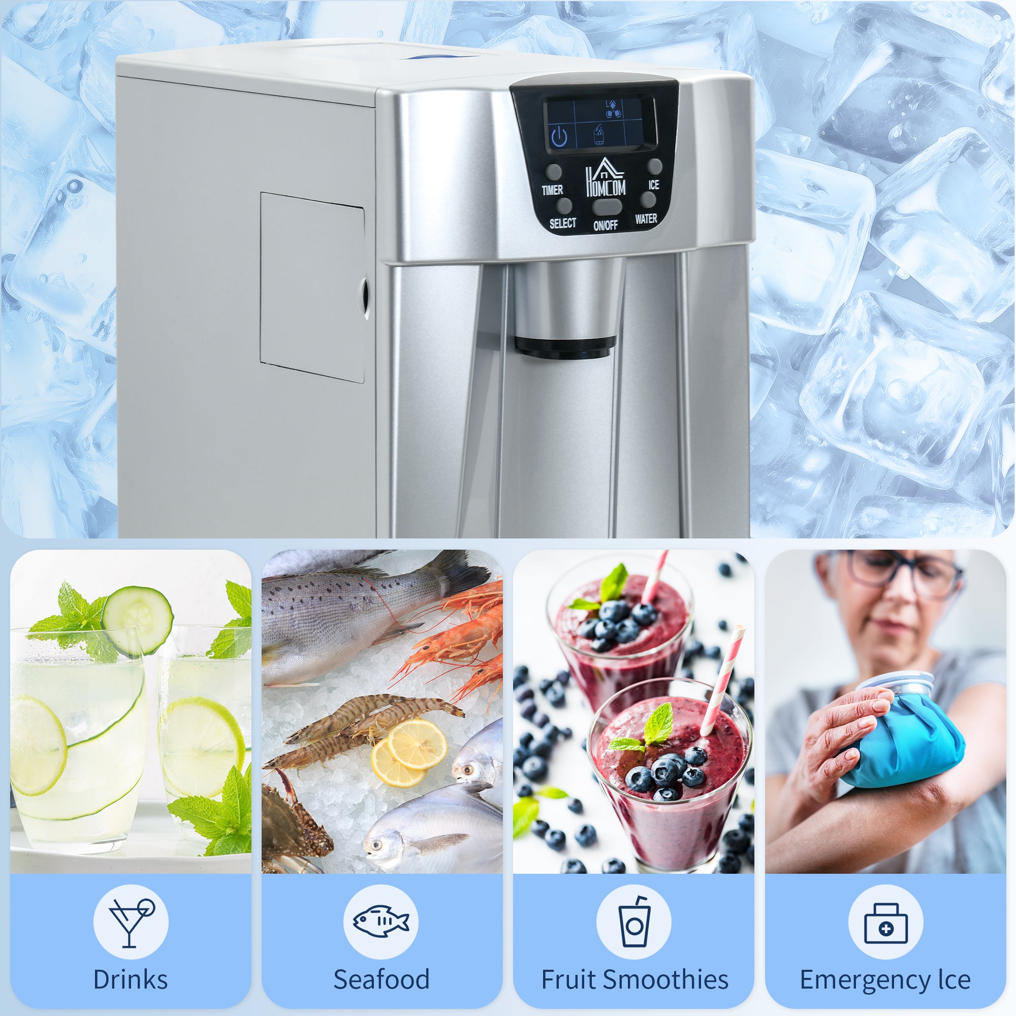HOMCOM Ice Maker Machine and Water Dispenser, Counter Top Ice Cube Maker for Home with 3L Tank, Adjustable Cube Size, 9 Ice Cubes per 6-10 Minutes, No Plumbing Required, Silver - North Peak Garden Furniture
