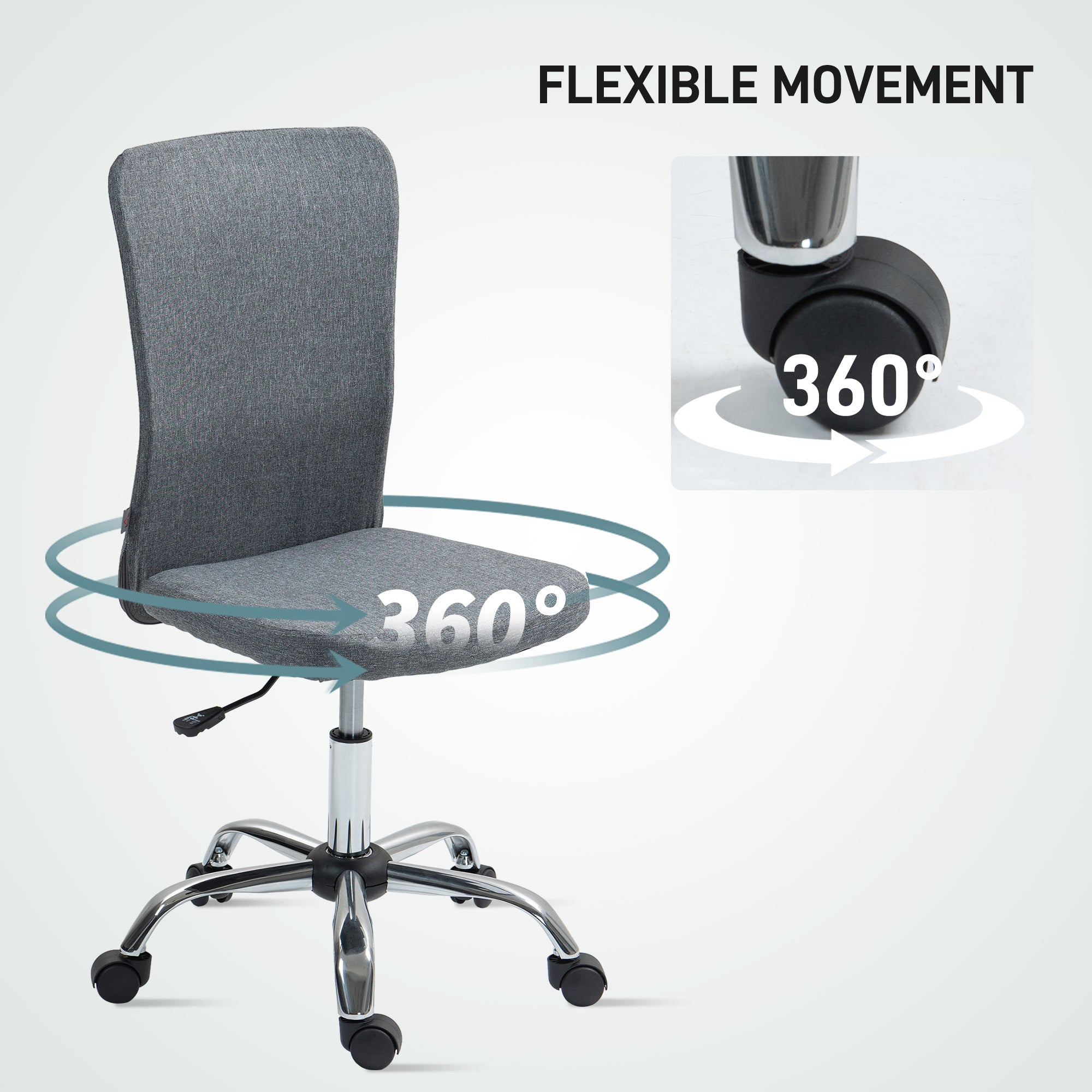 HOMCOM Armless Computer Desk Chair, Fabric Swivel Office Chair, Makeup Vanity Chair with Height Adjustable, Wheels, for Home Study Bedroom, Grey - North Peak Garden Furniture