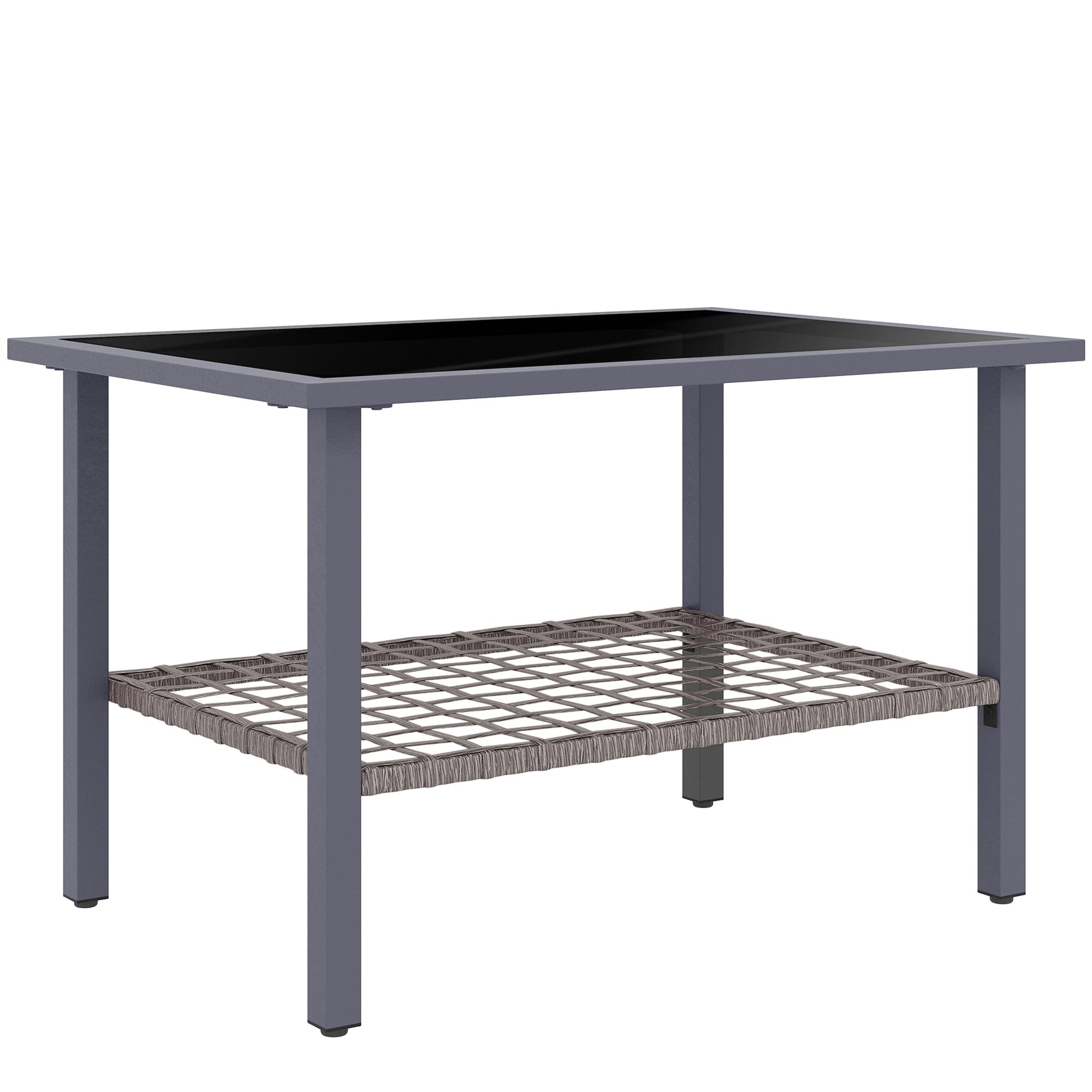 Outsunny Outdoor Rattan Coffee Table with Tempered Glass Top, Storage Shelf, Foot Pads, for Patio, Balcony, Mixed-grey - North Peak Garden Furniture