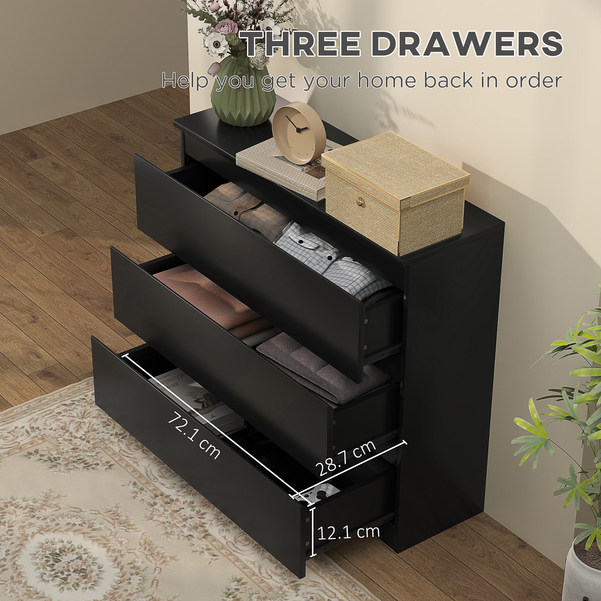 HOMCOM Chest of Drawers, 3-Drawer Storage Organiser Unit for Bedroom, Living Room, Black - North Peak Garden Furniture