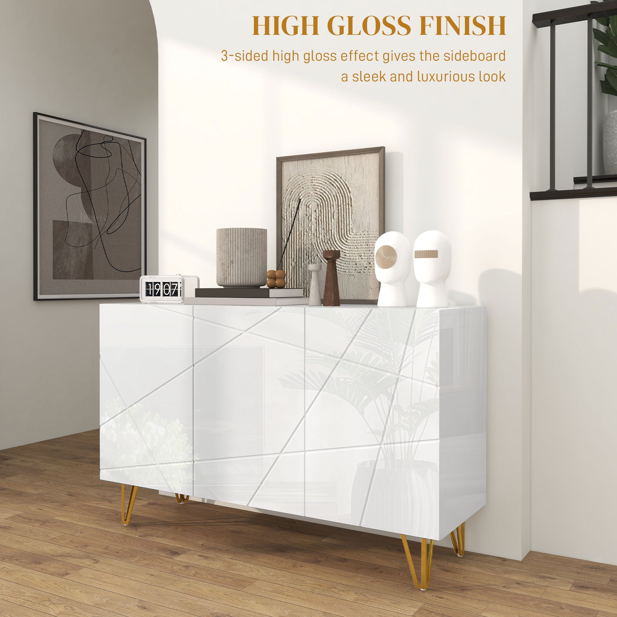 HOMCOM Modern Luxe High Gloss Sideboard, with Hairpin Legs - White - North Peak Garden Furniture