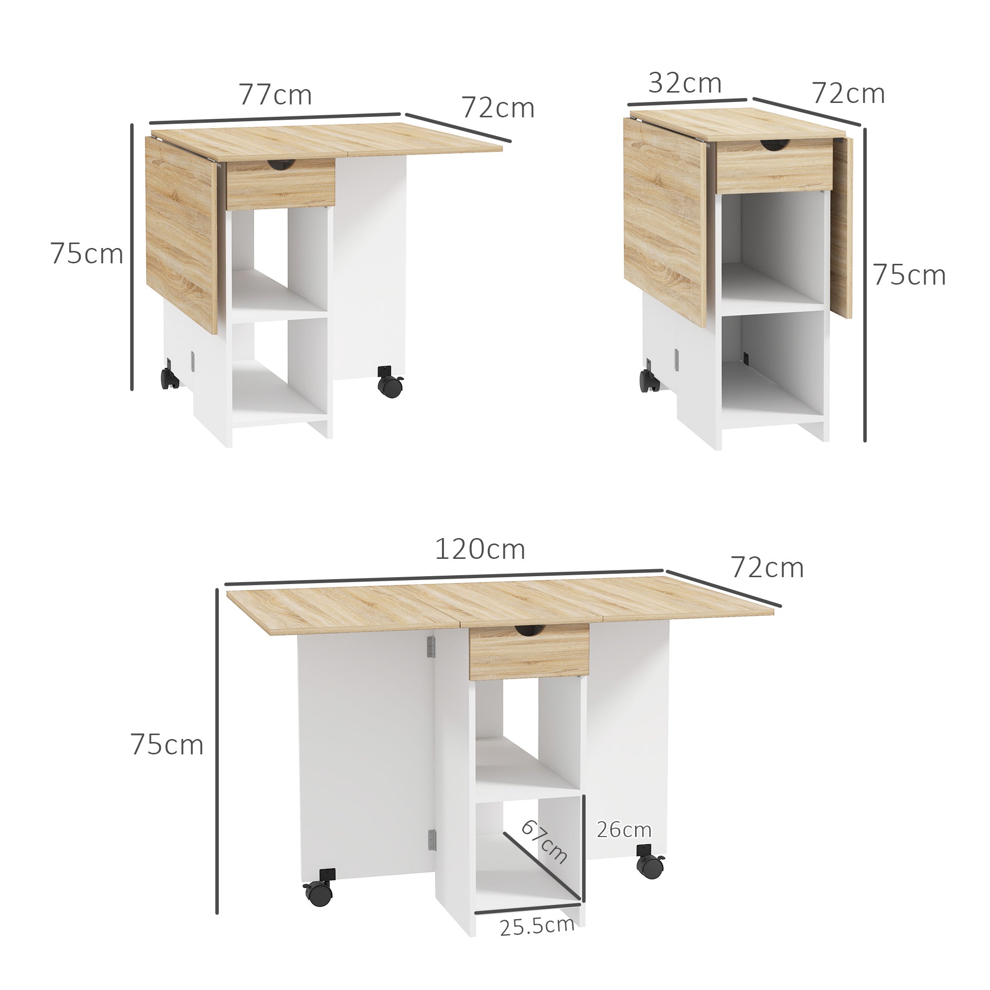 HOMCOM Folding Dining Table, Drop Leaf Table for Small Spaces, Foldable Table with Drawer and Storage Shelves for Kitchen, Dining Room, Oak - North Peak Garden Furniture