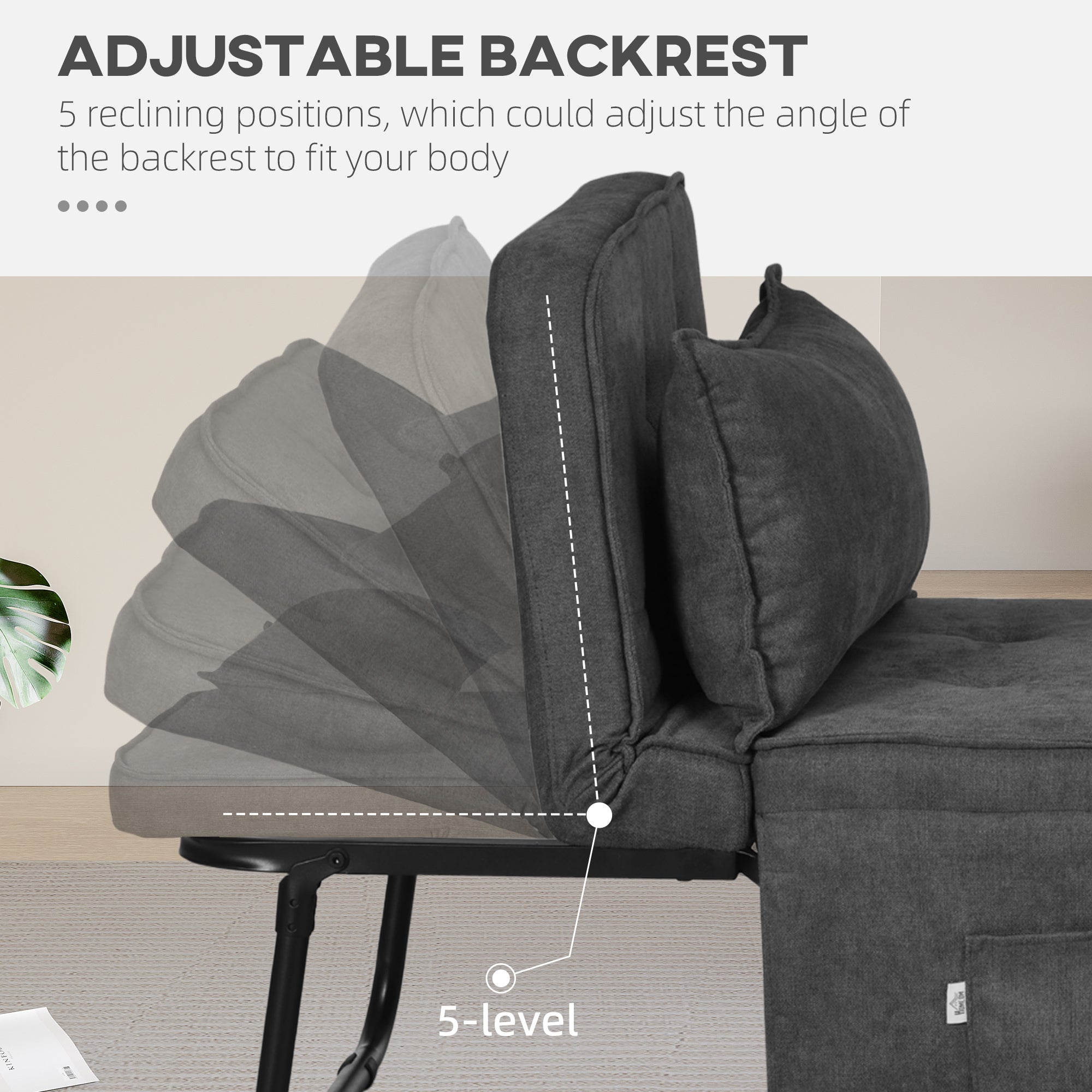 HOMCOM Fabric Sleeper Chair, Folding Chair Bed with Adjustable Backrest, Pillow, Side Pockets for Living Room, Charcoal Grey - North Peak Garden Furniture