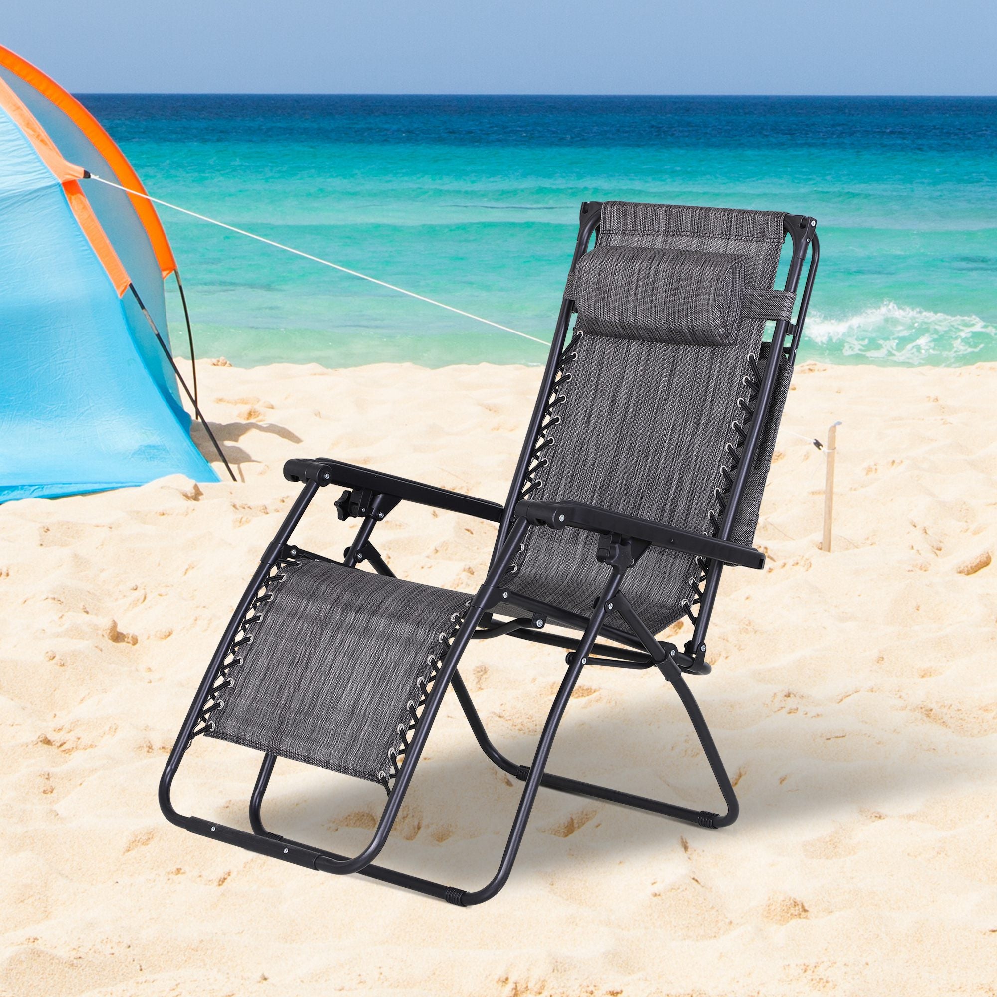 Outsunny Zero Gravity Chair, Folding Deck Chair with Cup Holder and Sunshade, Reclining Patio Sun Lounger, Grey