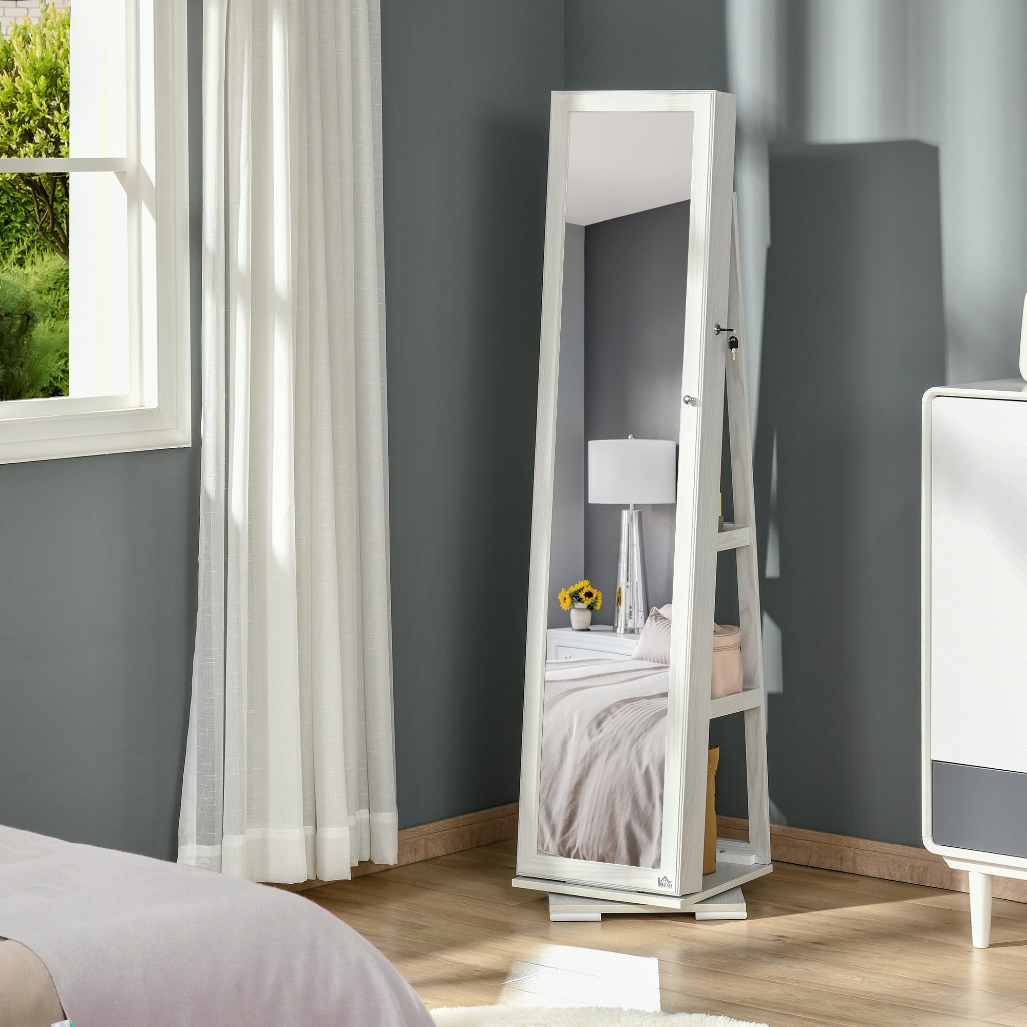 HOMCOM 360° Swivel Jewellery Cabinet, Mirror Armoire, Full Length Mirror, Lockable Jewellery Organizer with Built-In Small Mirror, White - North Peak Garden Furniture