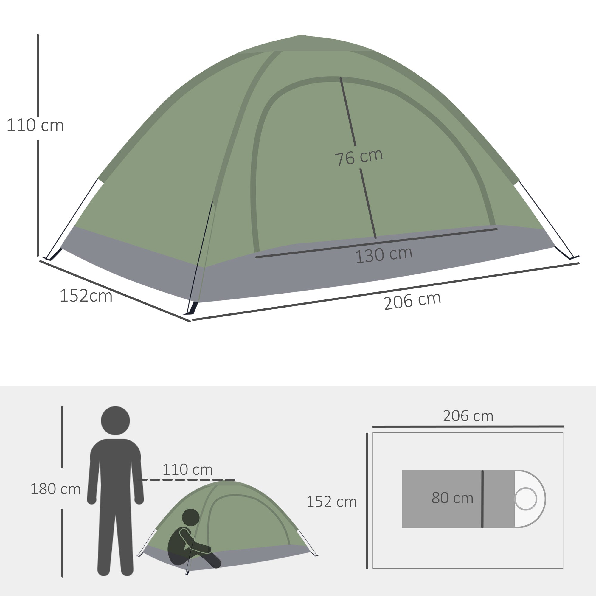 Outsunny 2 Person Camping Tent, Dome Tent with Zipped Doors, Storage Pocket, Portable Handy Bag, Multicoloured - North Peak Garden Furniture