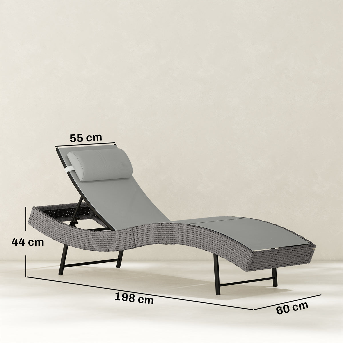 Outsunny Rattan Sun Lounger, Garden Recliner with 5 Position Adjustable Back, S Shaped Texteline Seat, Headrest, Light Grey