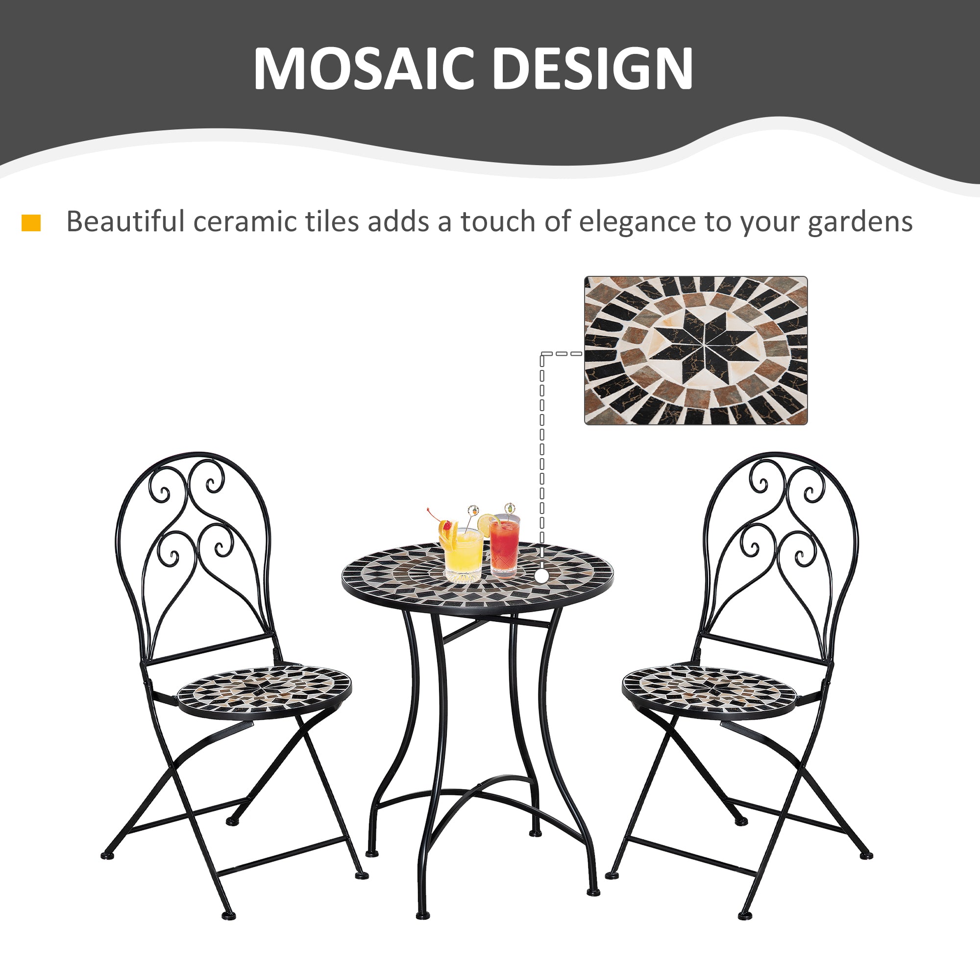 Outsunny 3 Piece Garden Bistro Set with Coffee Table and 2 Folding Chairs, Mosaic Tile Top and Seats, Metal Frame, for Patio Balcony - North Peak Garden Furniture