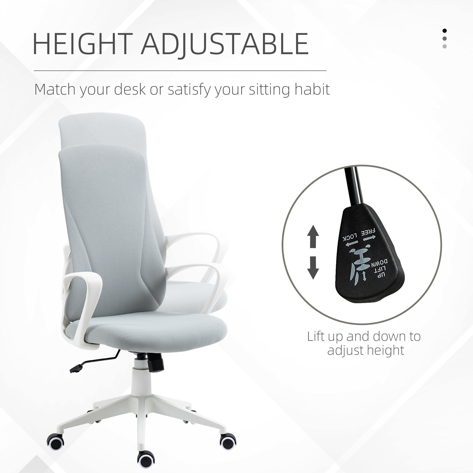 Vinsetto High Back Office Chair, Fabric Desk Chair with Armrests, Adjustable Height, Swivel Wheels, Light Grey - North Peak Garden Furniture