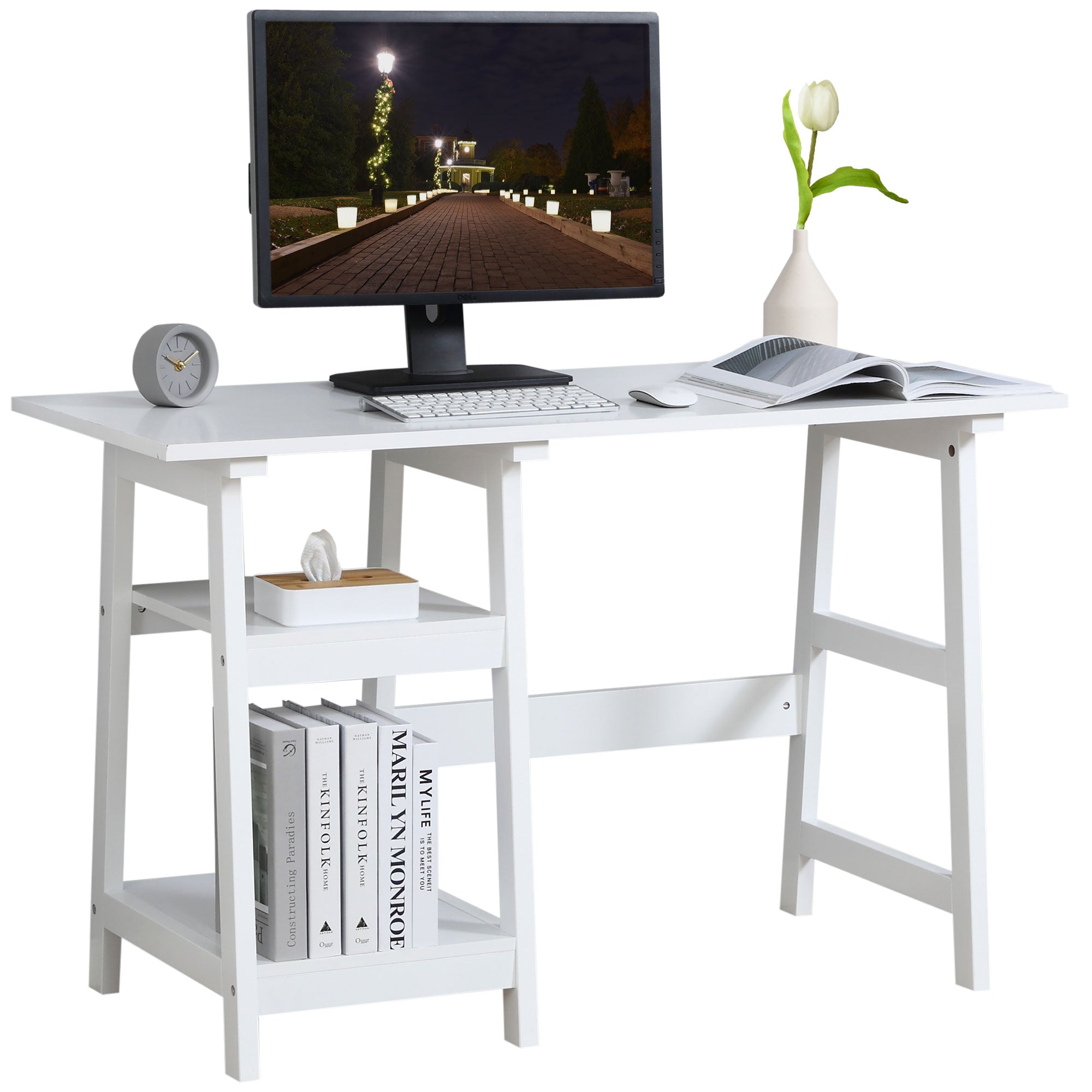 HOMCOM Compact Computer Desk with Storage Shelves, Study Table with Bookshelf, PC Table Workstation for Home Office, Study, Easy Assembly, 120 x 51cm, White - North Peak Garden Furniture