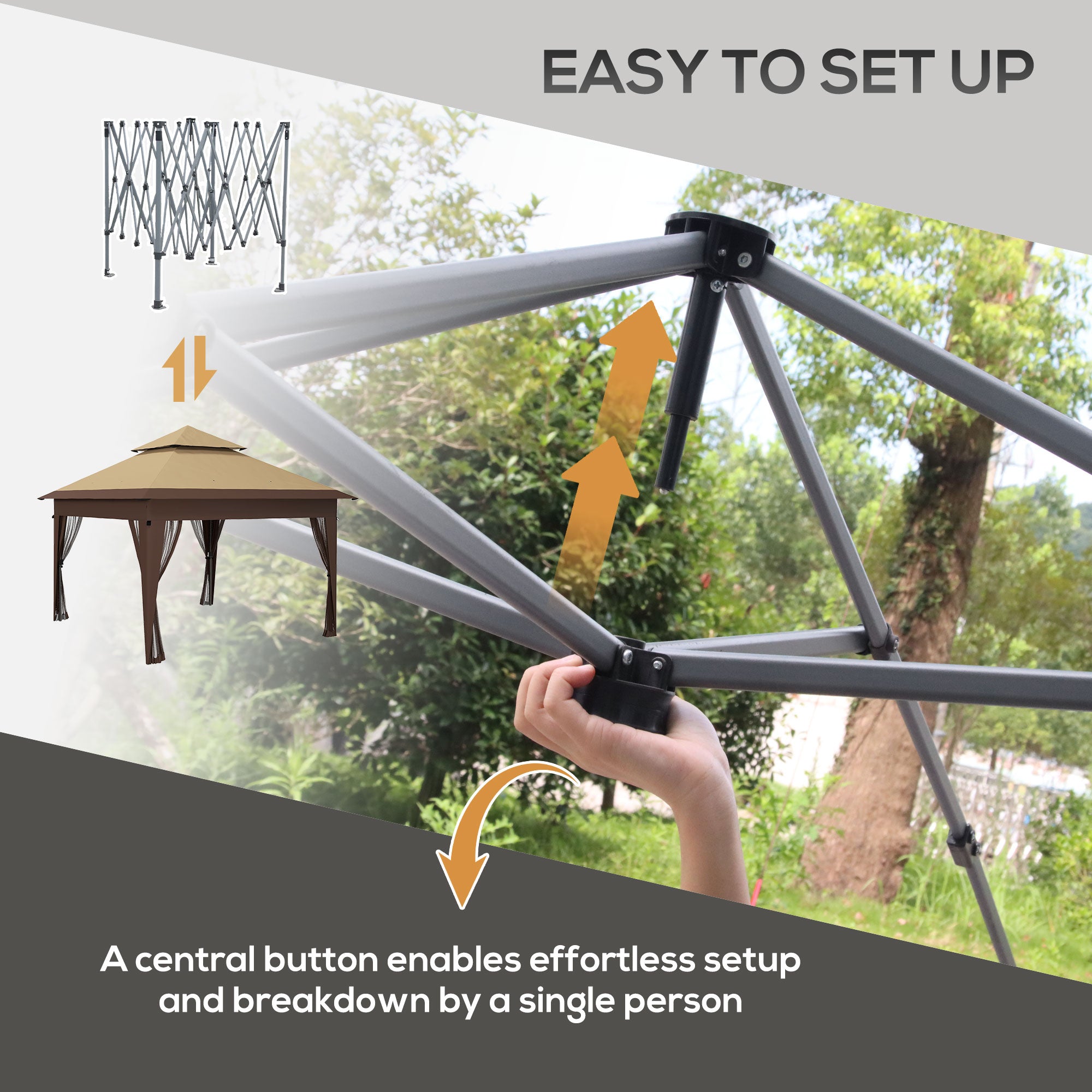 Outsunny 3 x 3(m) Pop Up Gazebo with Mosquito Netting, 1 Person Easy up Marquee Party Tent with 1-Button Push, Double Roof, Carry Bag, Sandbags, Height Adjustable Instant Shelter, Khaki - North Peak Garden Furniture