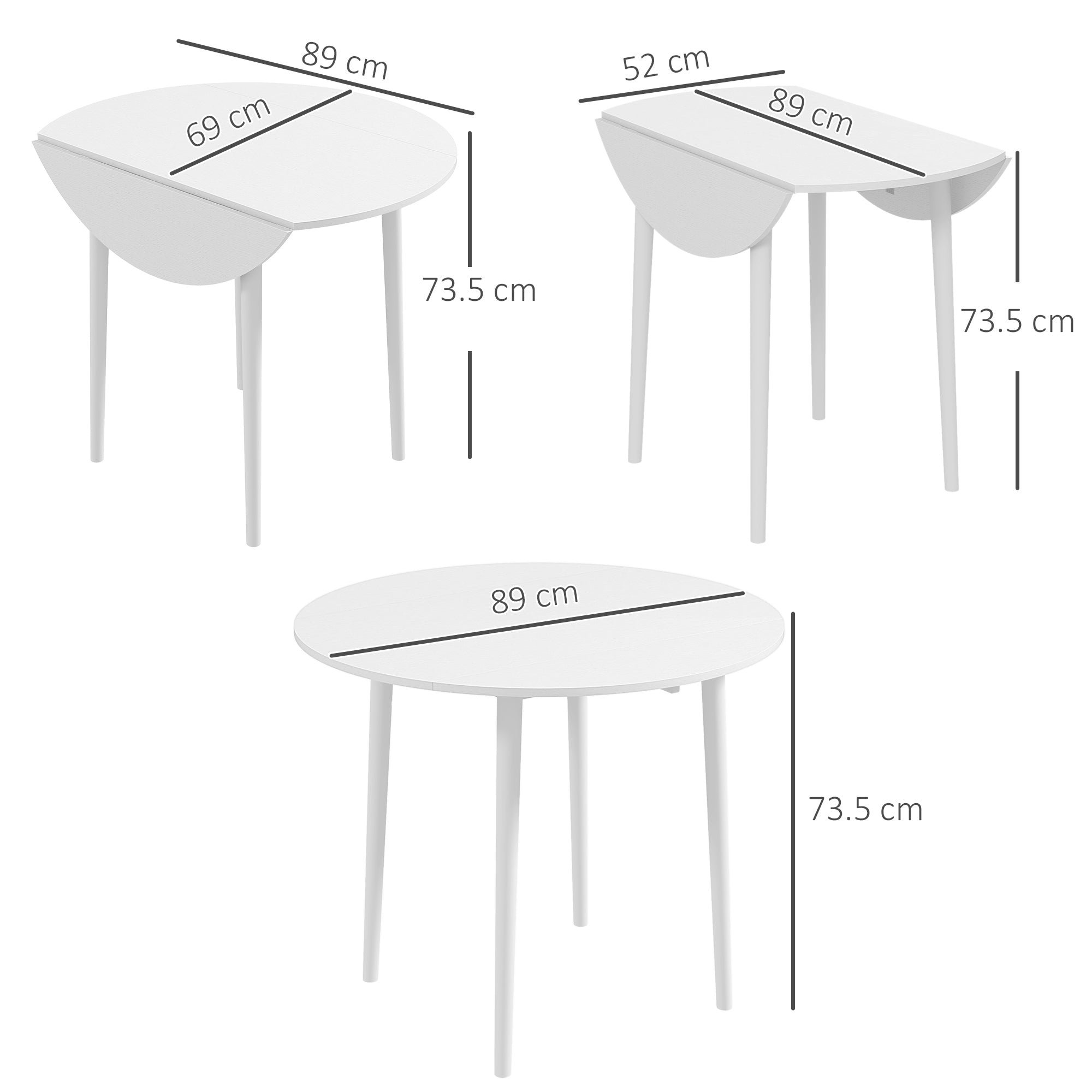 HOMCOM Folding Dining Table for 4, Round Drop Leaf Table, Modern Space Saving Small Kitchen Table with Wood Legs for Dining Room, White