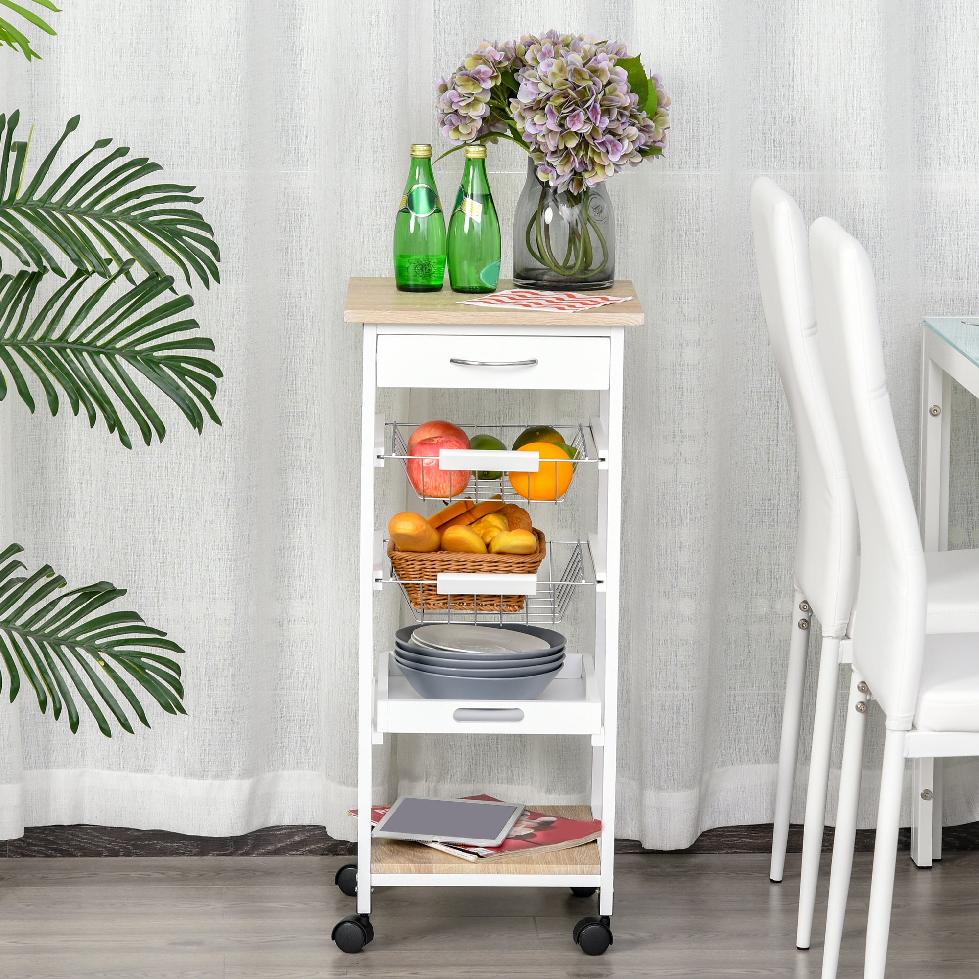 HOMCOM Mobile Rolling Kitchen Island Trolley for Home w/ Metal Baskets Trays Shelves Wheels Compact Stylish Storage White - North Peak Garden Furniture