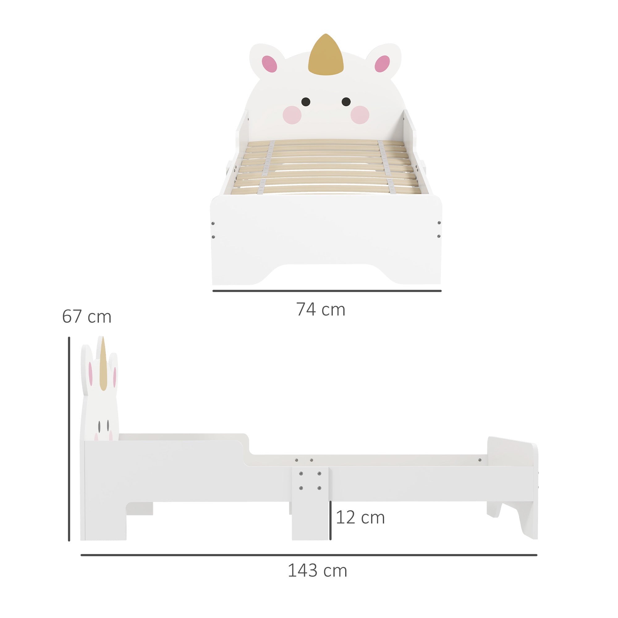 ZONEKIZ Unicorn-Designed Toddler Bed, Kids Bedroom Furniture, for Ages 3-6 Years, 143 x 74 x 67cm - White - North Peak Garden Furniture