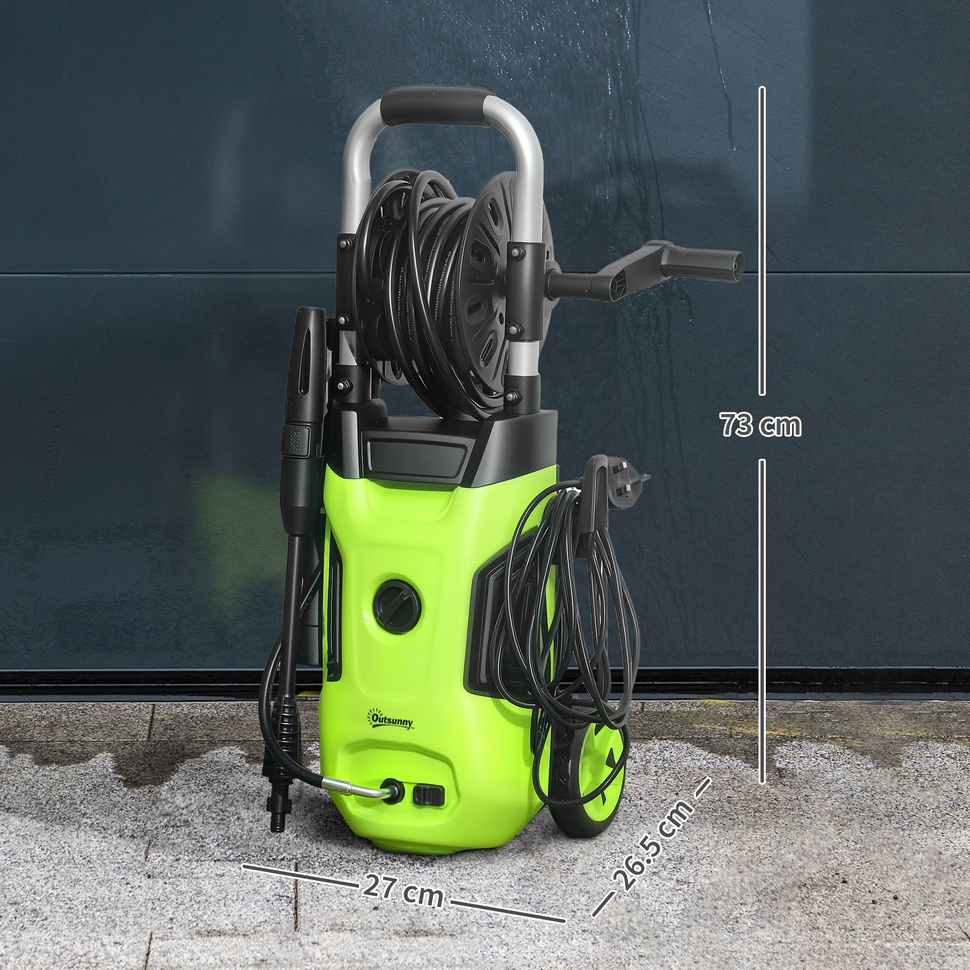 Outsunny 1800W High Pressure Washer, 150 Bar Pressure, 420 L/h Flow, Portable Power Washer Jet Wash Cleaner with Adjustable Nozzle, 6M Hose, Hose Reel, Steel Handle for Home Patio Car Driveway, Green - North Peak Garden Furniture