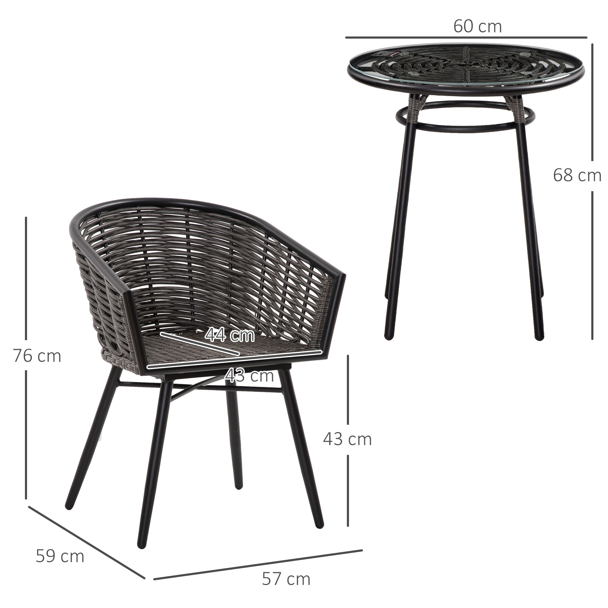 Outsunny 3 Pieces Rattan Bistro Set, Wicker Garden Furniture Set with Round Glass Top Coffee Table and Chairs, Washable Cushions for Outdoor, Patio, Balcony, Grey - North Peak Garden Furniture