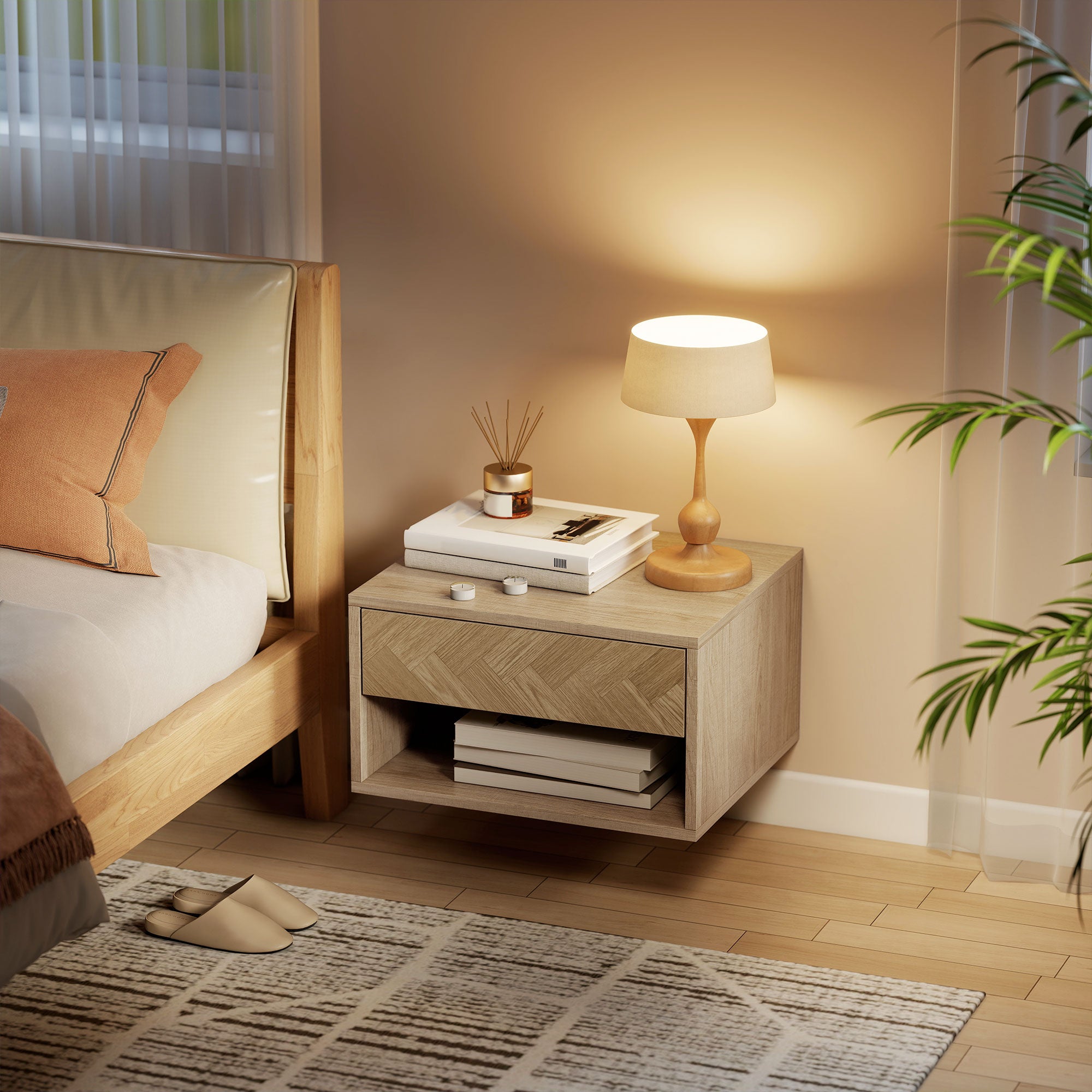 HOMCOM Set of Two Floating Bedside Tables - Natural Wood Finish