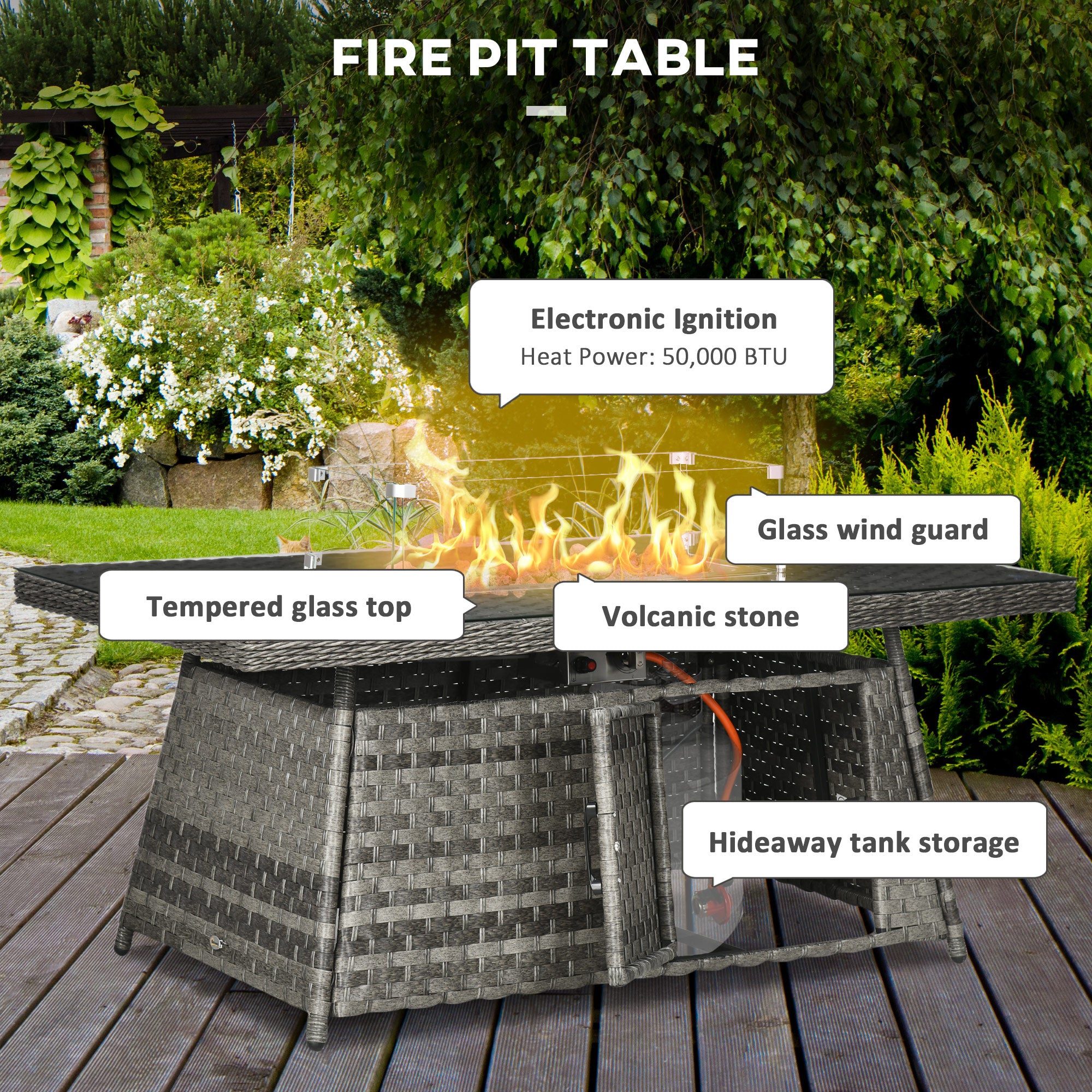 Outsunny 7 Pieces PE Rattan Garden Furniture Set, 50,000 BTU Gas Fire Pit Table, Double Corner Sofa and 3 Footstools, 6 Seater Furniture Sofa Sets with Cushions for Conservatory, Grey - North Peak Garden Furniture