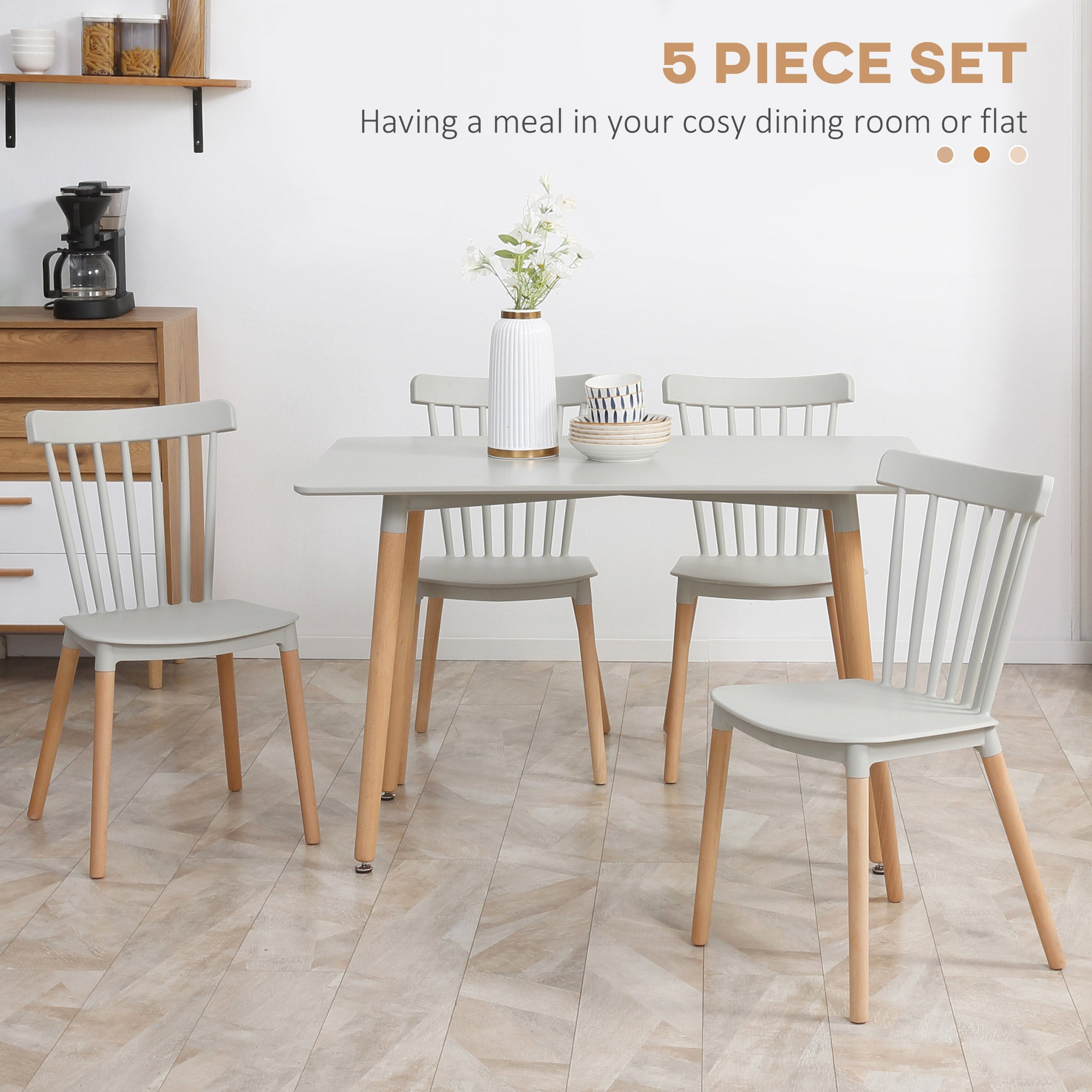 HOMCOM 5 Piece Dining Table Set with Beech Wood Legs, Space Saving Table and 4 Chairs for Small Kitchens, Grey - North Peak Garden Furniture