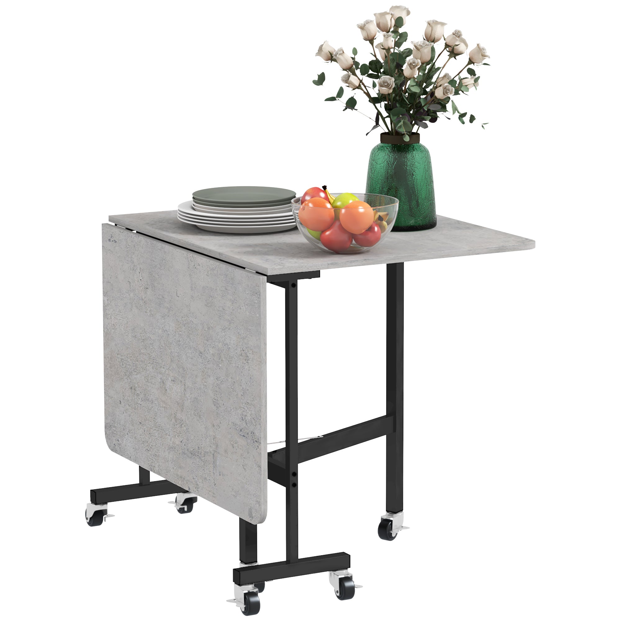 HOMCOM Drop Leaf Table, Folding Dining Table with Metal Frame, Rolling Kitchen Dining Table for Small Spaces, 120cm, Grey - North Peak Garden Furniture