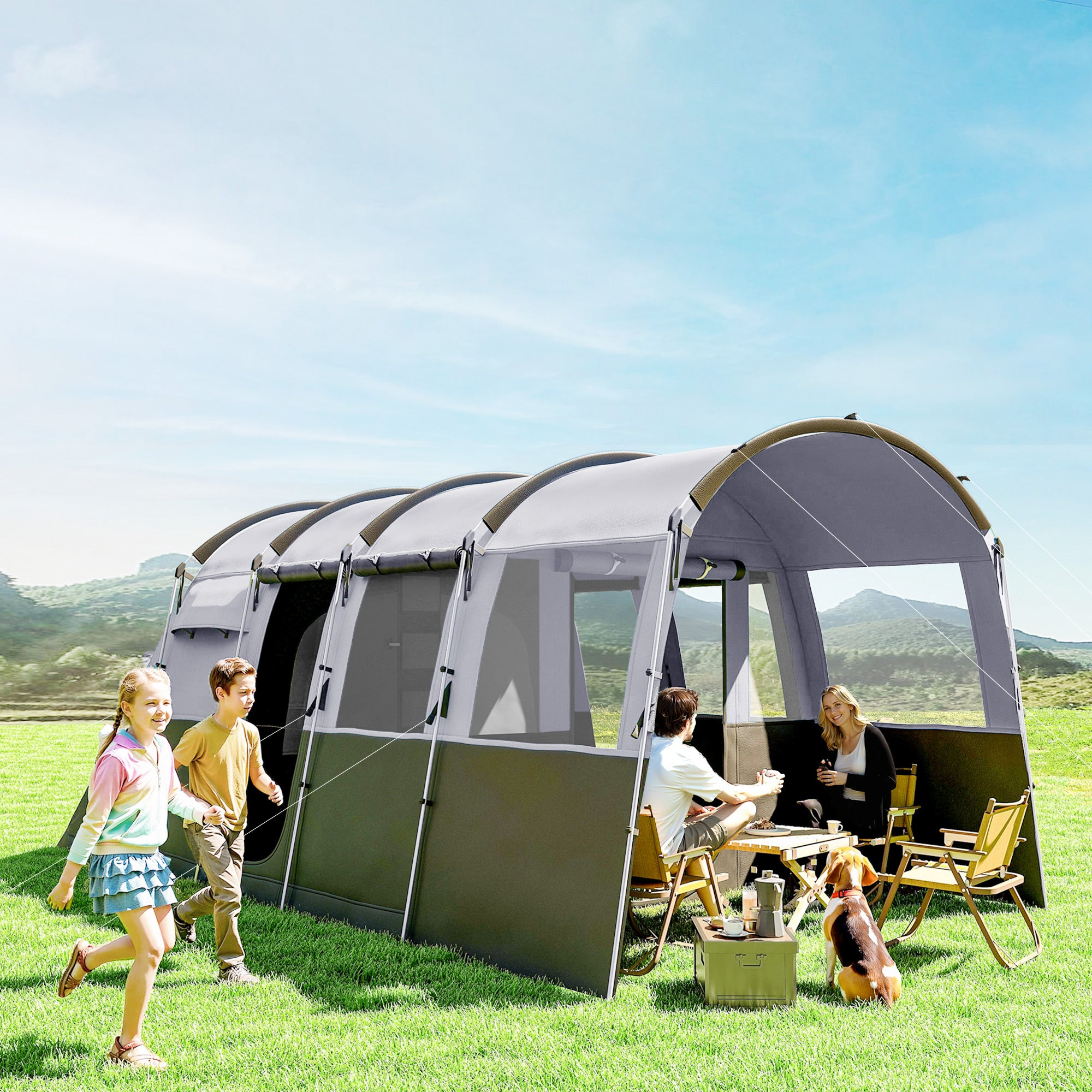 Outsunny 8-Person Camping Tent, Waterproof Family Tent, Tunnel Design, 4 Large Windows, Sleeping Cabins 3000mm Water Column Grey - North Peak Garden Furniture