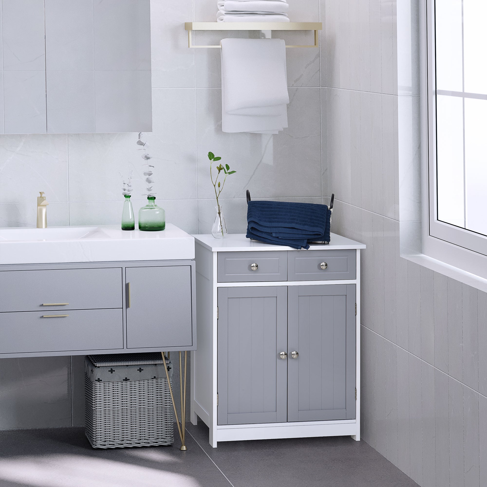 kleankin 75x60cm Freestanding Bathroom Storage Cabinet Unit w/ 2 Drawers Cupboard Adjustable Shelf Metal Handles Traditional Style Grey White - North Peak Garden Furniture