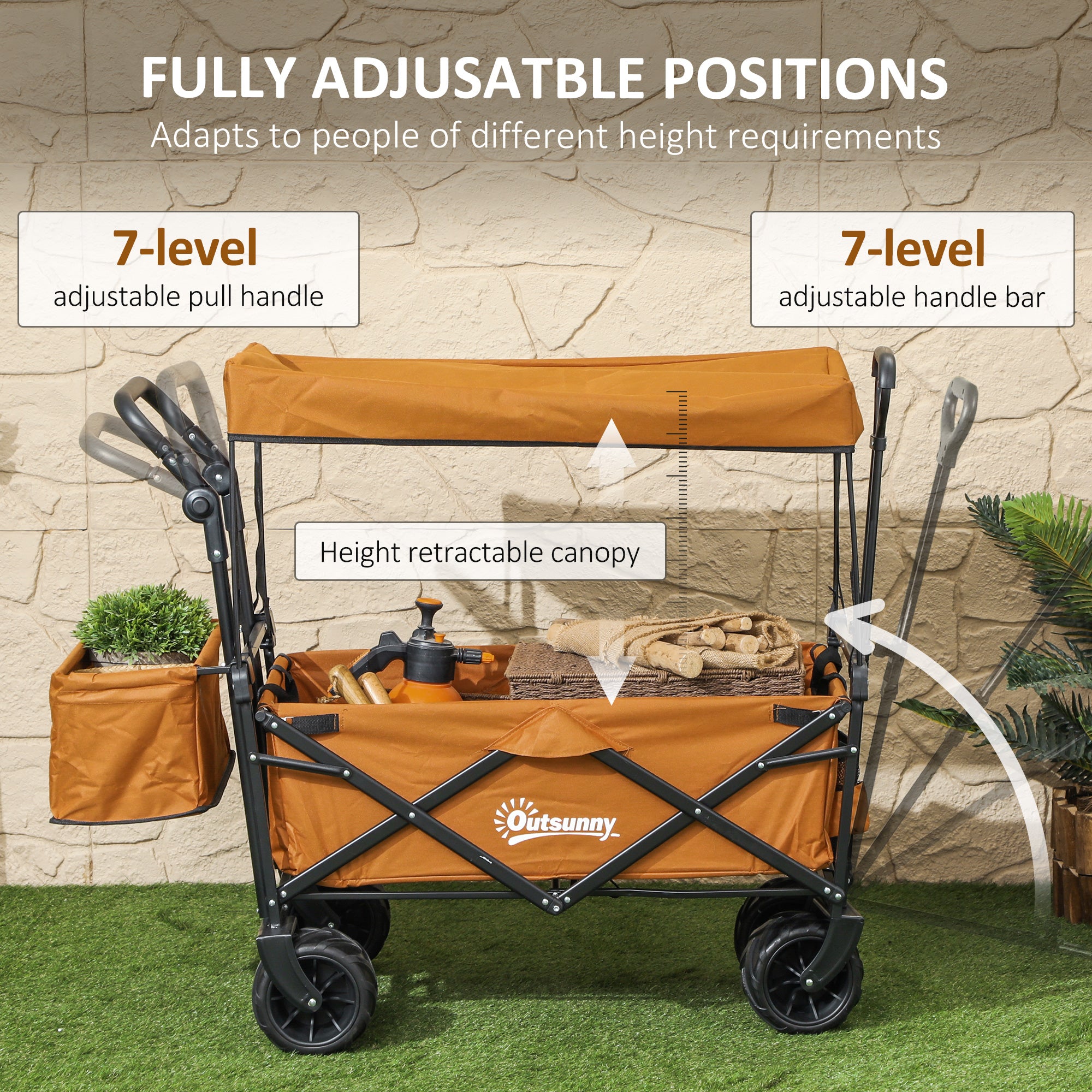 Outsunny Folding Trolley Cart Storage Wagon Beach Trailer 4 Wheels with Handle Overhead Canopy Cart Push Pull For Shopping Camping, Orange - North Peak Garden Furniture