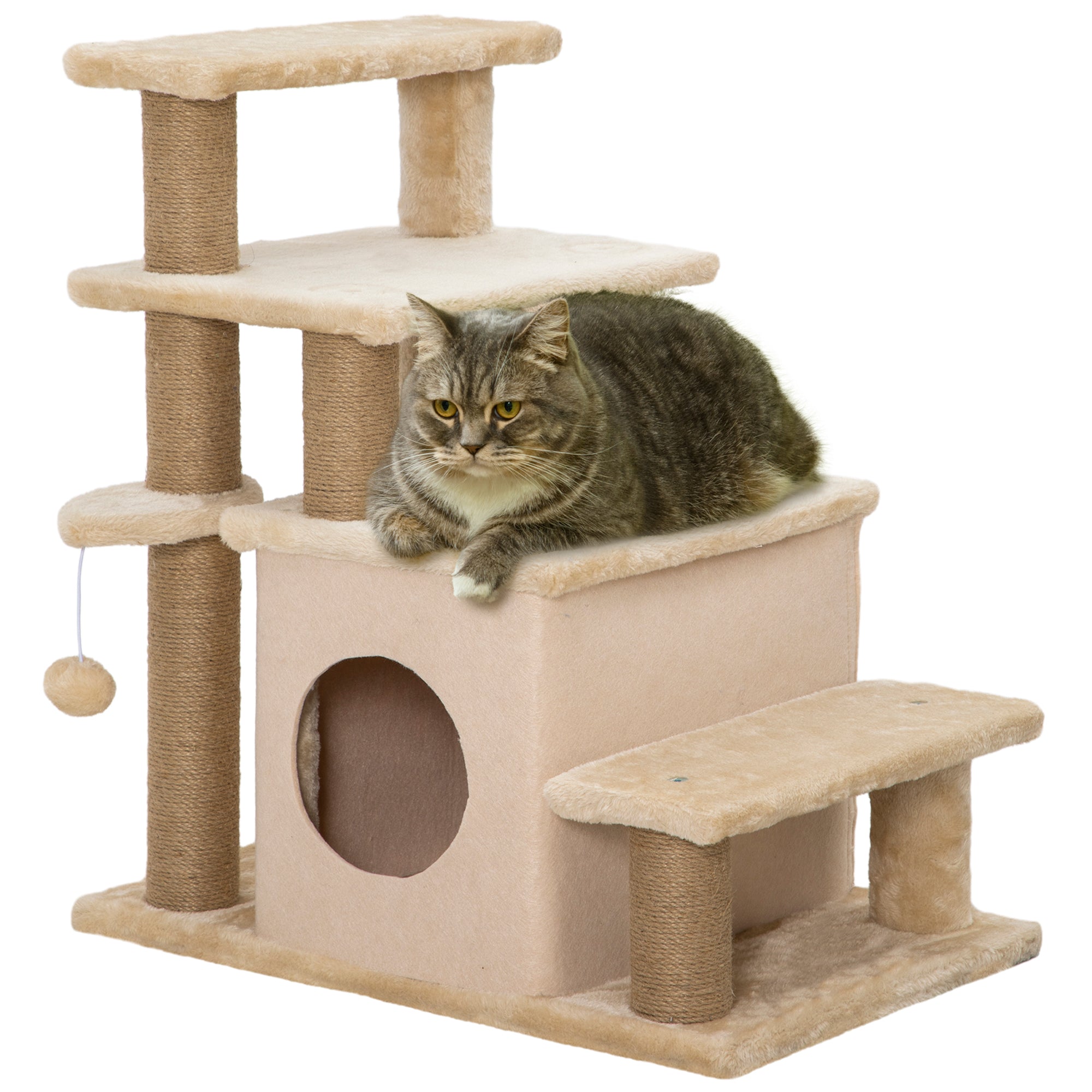 PawHut Adjustable Cat Steps, with House & Hanging Toy Ball - Beige - North Peak Garden Furniture