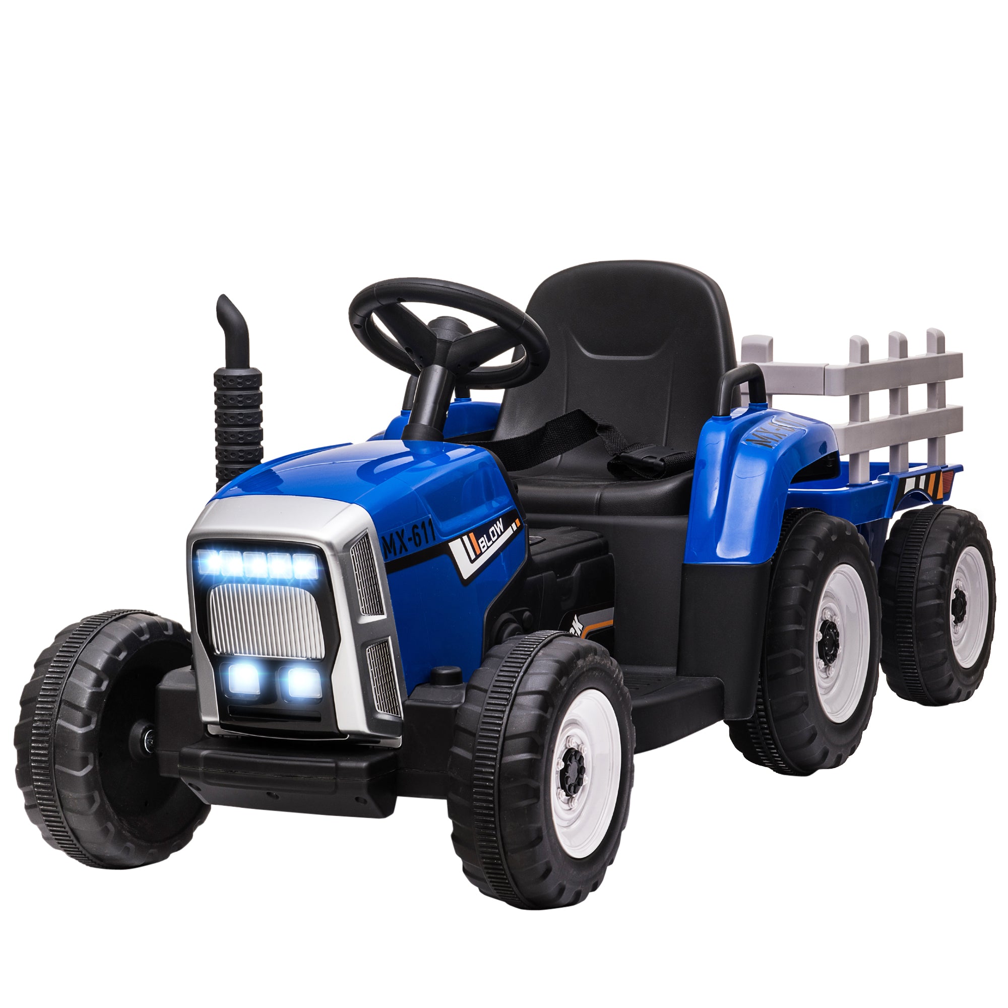 HOMCOM Ride On Tractor, Battery Powered Electric Car, with Detachable Trailer, Remote Control, Music - Blue