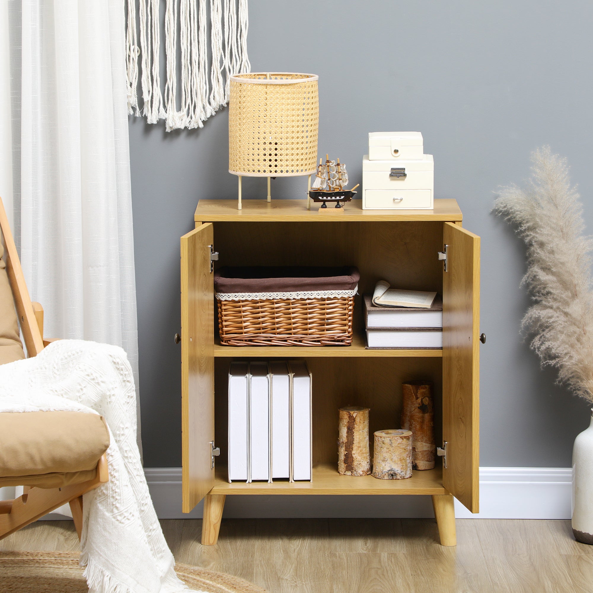 HOMCOM Vintage Storage Cabinet with Double Chevron Doors and Pine Wood Legs, Side Cabinet, Natural Wood Effect