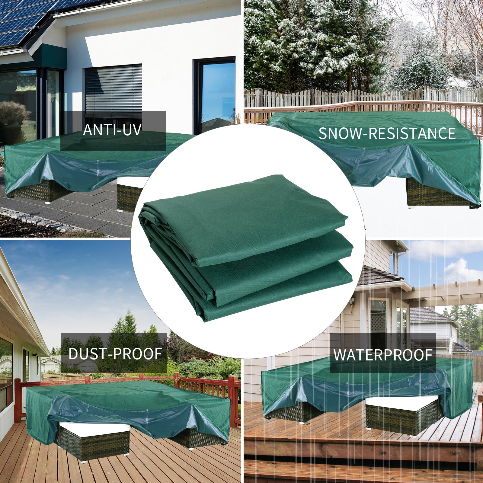 Outsunny Garden Furniture Cover, Oxford Fabric Outdoor Rectangular Rattan Furniture Cover with PE Coating, Waterproof, Windproof, Anti-UV, 222 x 155 x 67cm, Green - North Peak Garden Furniture