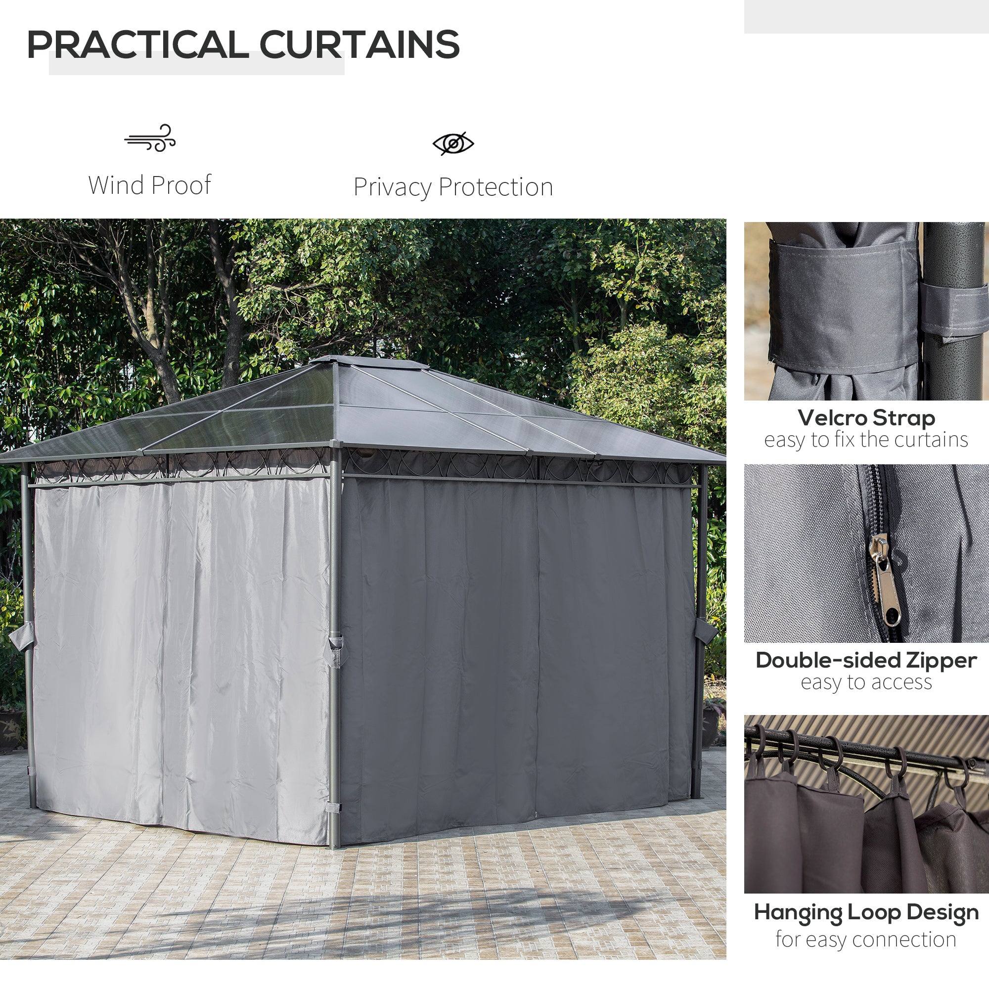 Outsunny 3 x 3.6m Hardtop Gazebo Canopy with Polycarbonate Roof, Permanent Pavilion Garden Gazebo with Curtains for Patio, Deck, Grey - North Peak Garden Furniture