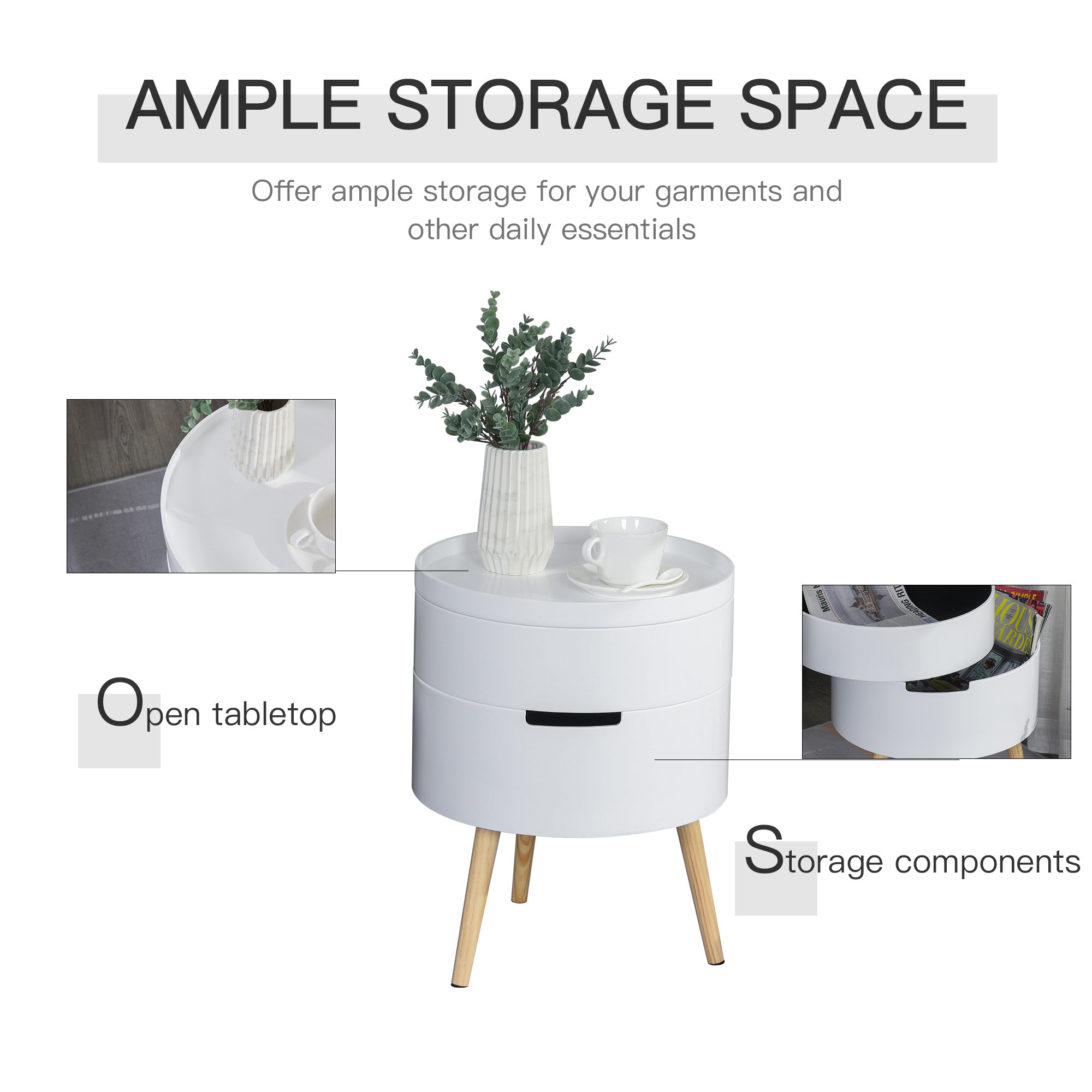 HOMCOM 3-Tier Coffee Table, Round End Table with 2 Hidden Compartments and Detachable Tray, Side Table with Storage for Living Room, White - North Peak Garden Furniture