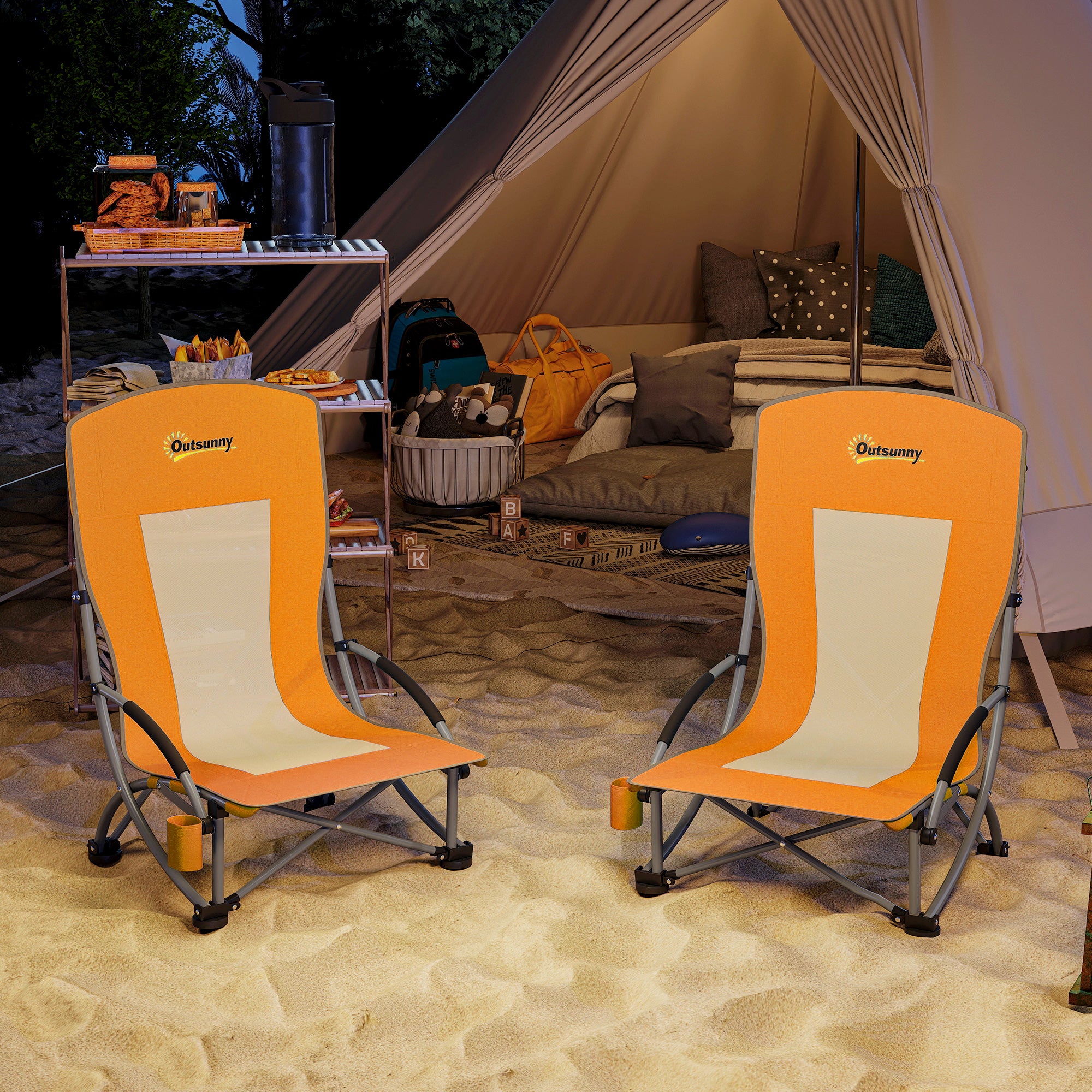 Outsunny Set of 2 Folding Beach Chair, Low Camping Chair with Mesh Back, Carry Bag and Cup Holder for Garden Outdoor Picnic Festival Travel, Orange - North Peak Garden Furniture