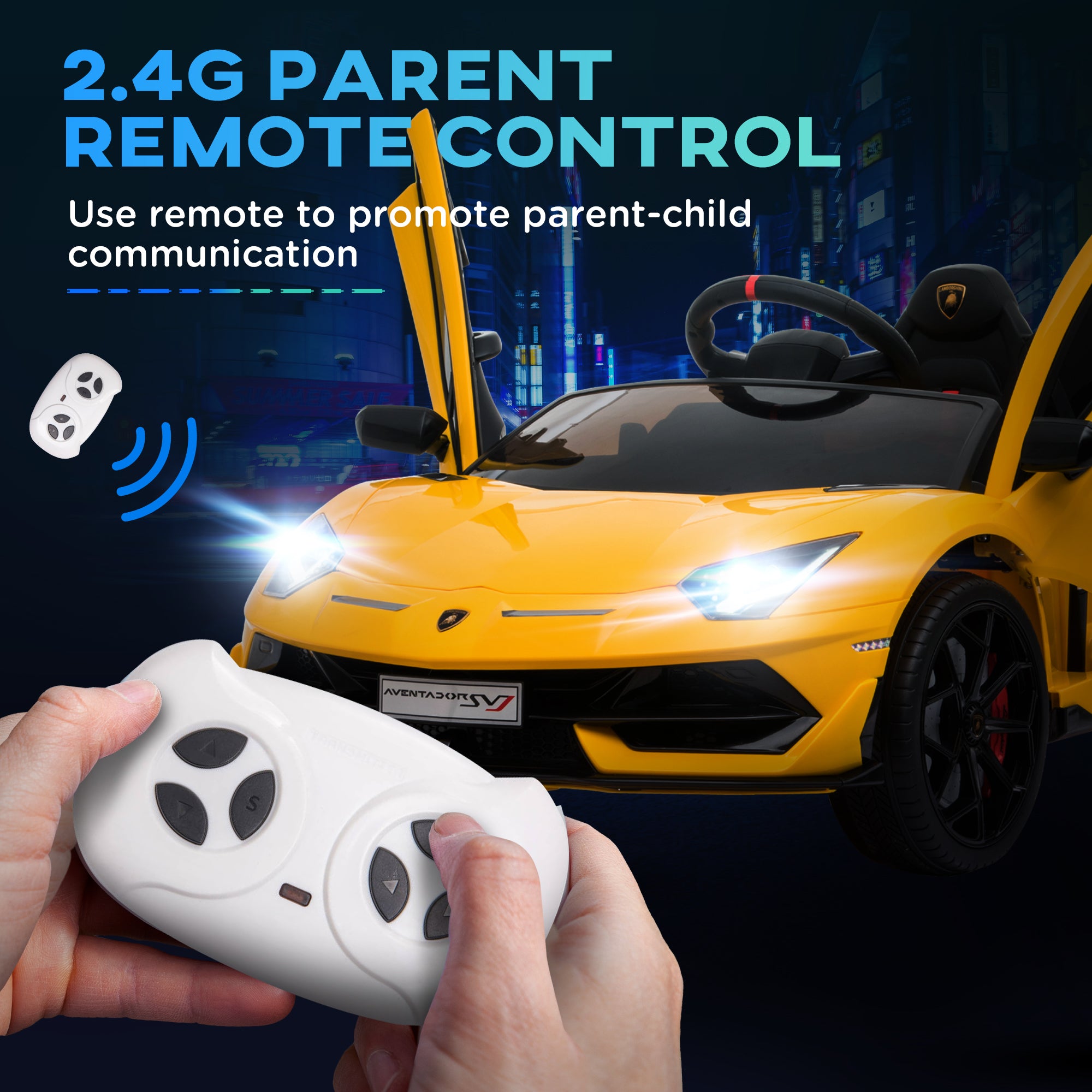 HOMCOM Lamborghini Aventador Licensed 12V Kids Electric Ride On Car Racing Car Toy with Parental Remote Control Battery-powered 2 Motors Music Lights for 3-8 Years Old Yellow - North Peak Garden Furniture