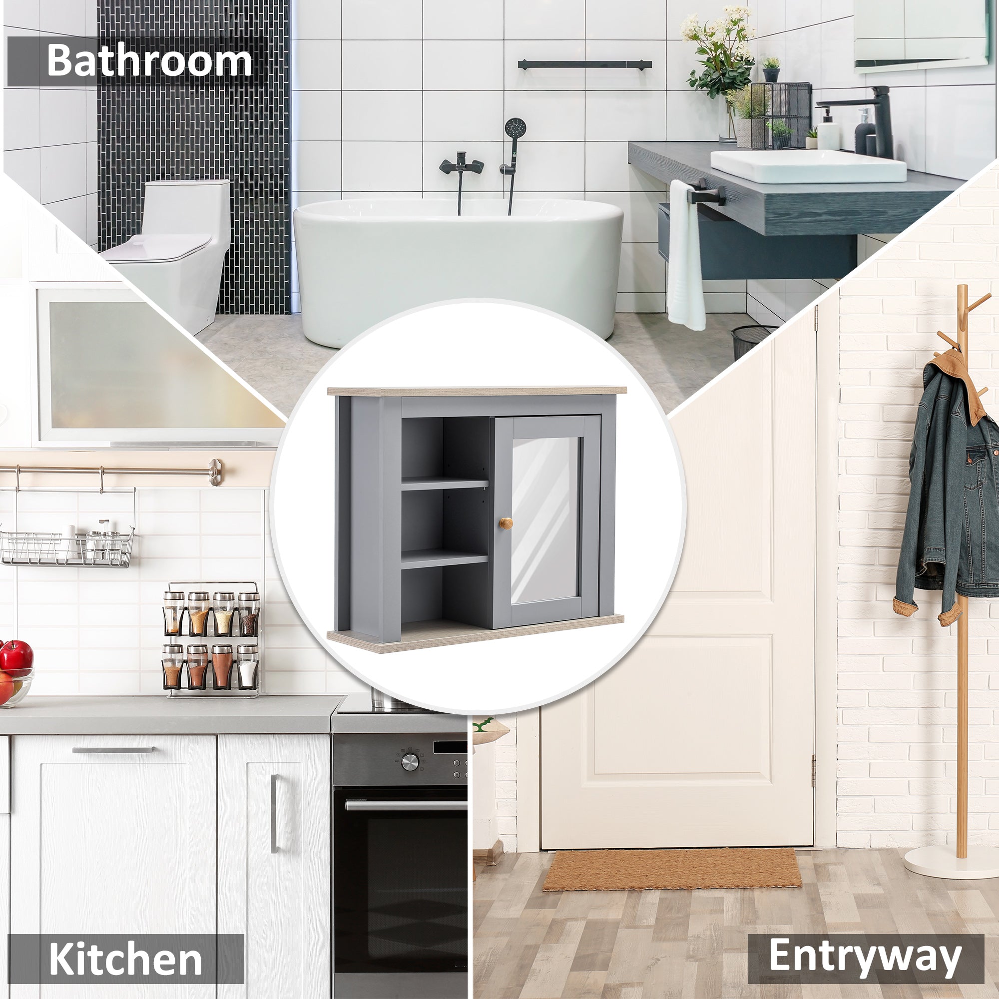kleankin Bathroom Wall Mirror Cabinet, Cupboard with Door, Storage Cabinet with Adjustable Shelf for Corridors Living Rooms, Grey - North Peak Garden Furniture