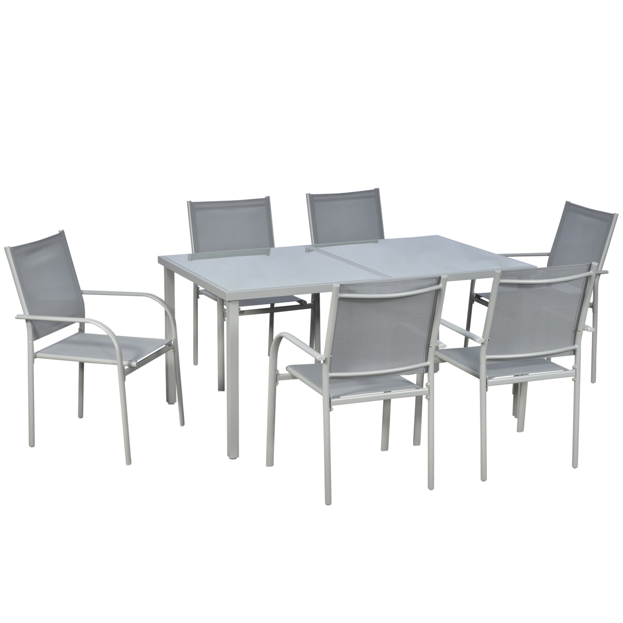 Outsunny 7 Piece Garden Dining Set, Outdoor Table and 6 Stackable Chairs, Steel Frame, Tempered Glass Top Table, Mesh Seats, Grey