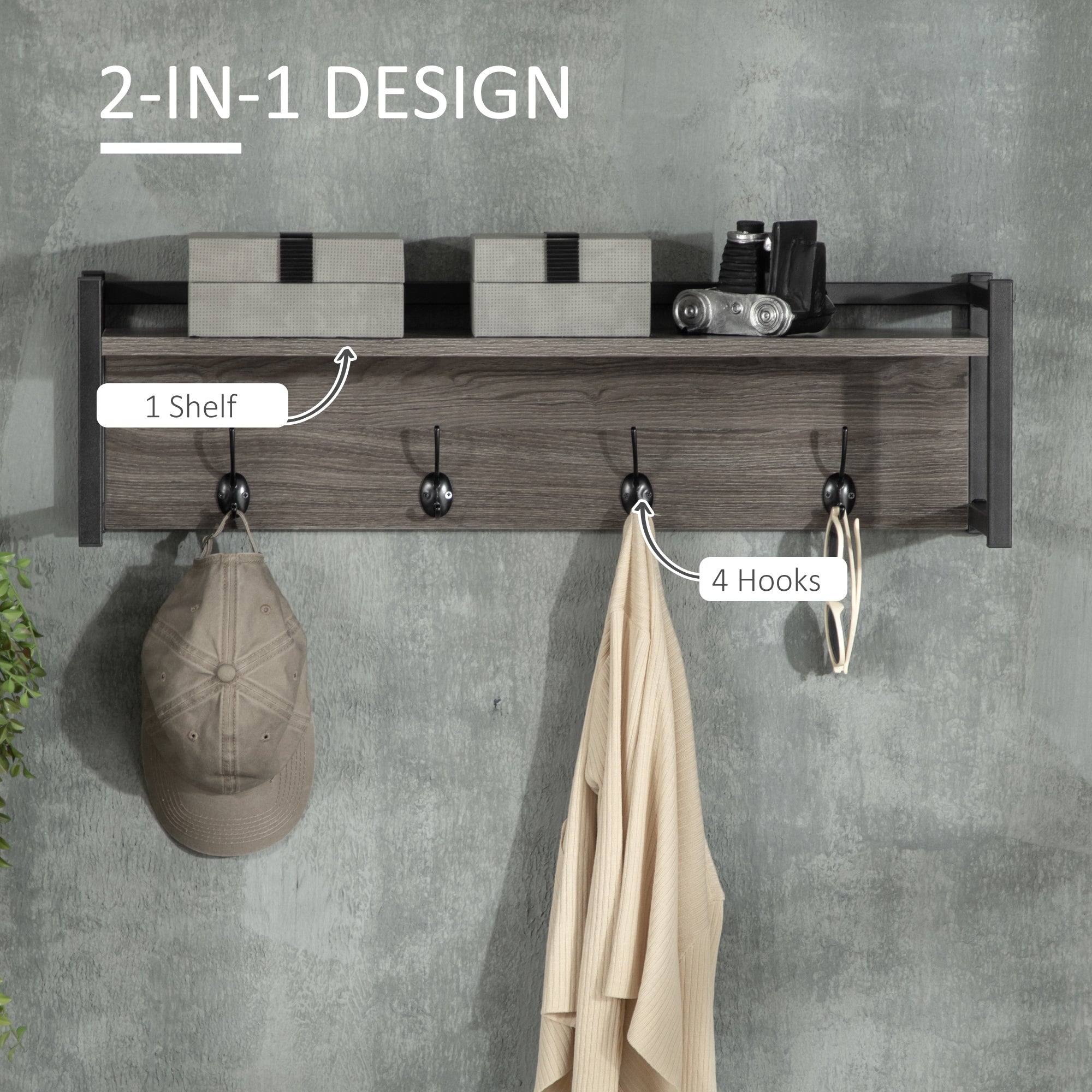 HOMCOM Wall Coat Rack with 4 Hooks Floating Shelf with Storage Rack for Keys, Clothes, Bags for Hallway, Entryway, 80 x 20 x 22.5 cm, Grey - North Peak Garden Furniture