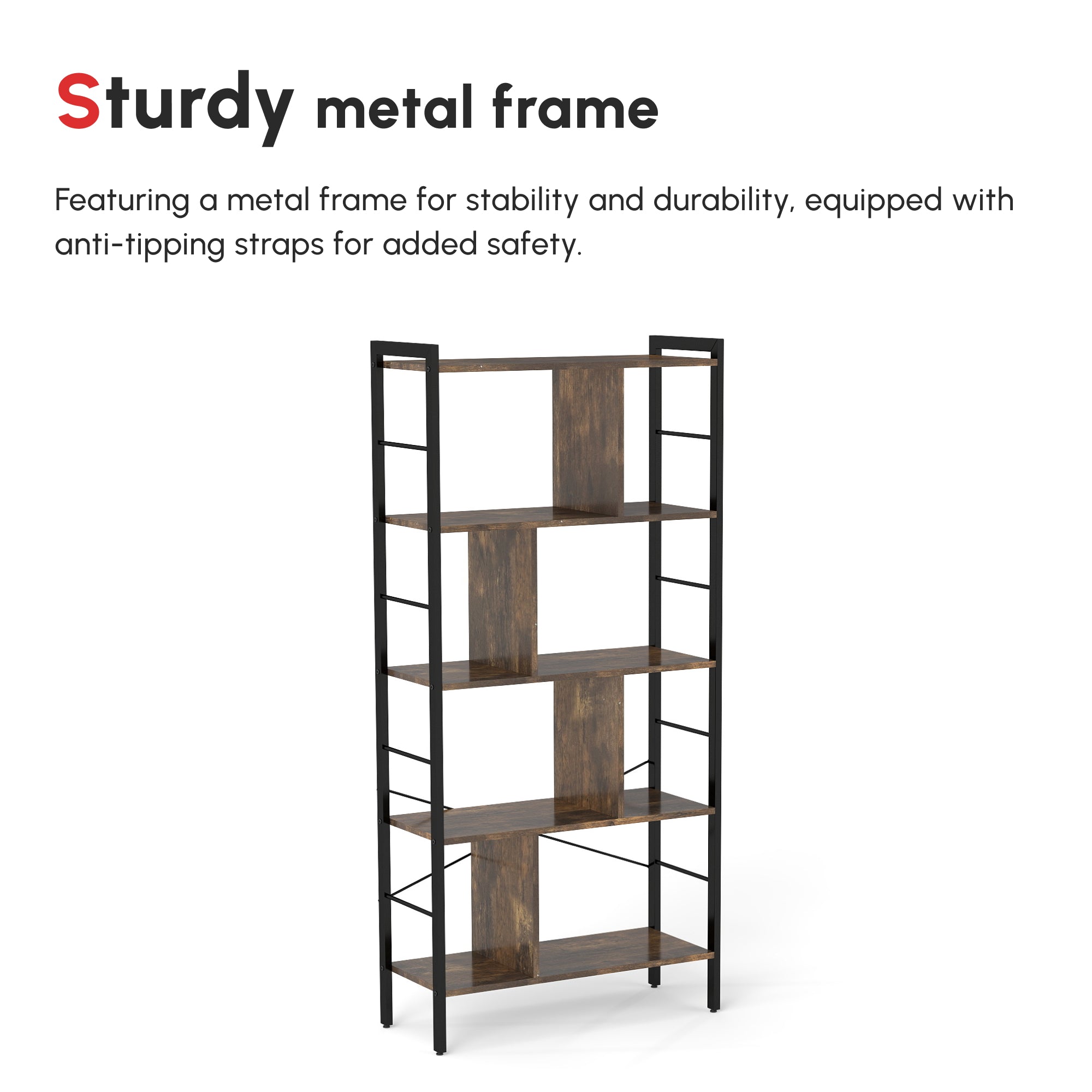 HOMCOM Industrial Storage Shelf Bookcase Closet Floor Standing Display Rack with 5 Tiers, Metal Frame for Living Room & Study, Rustic Brown