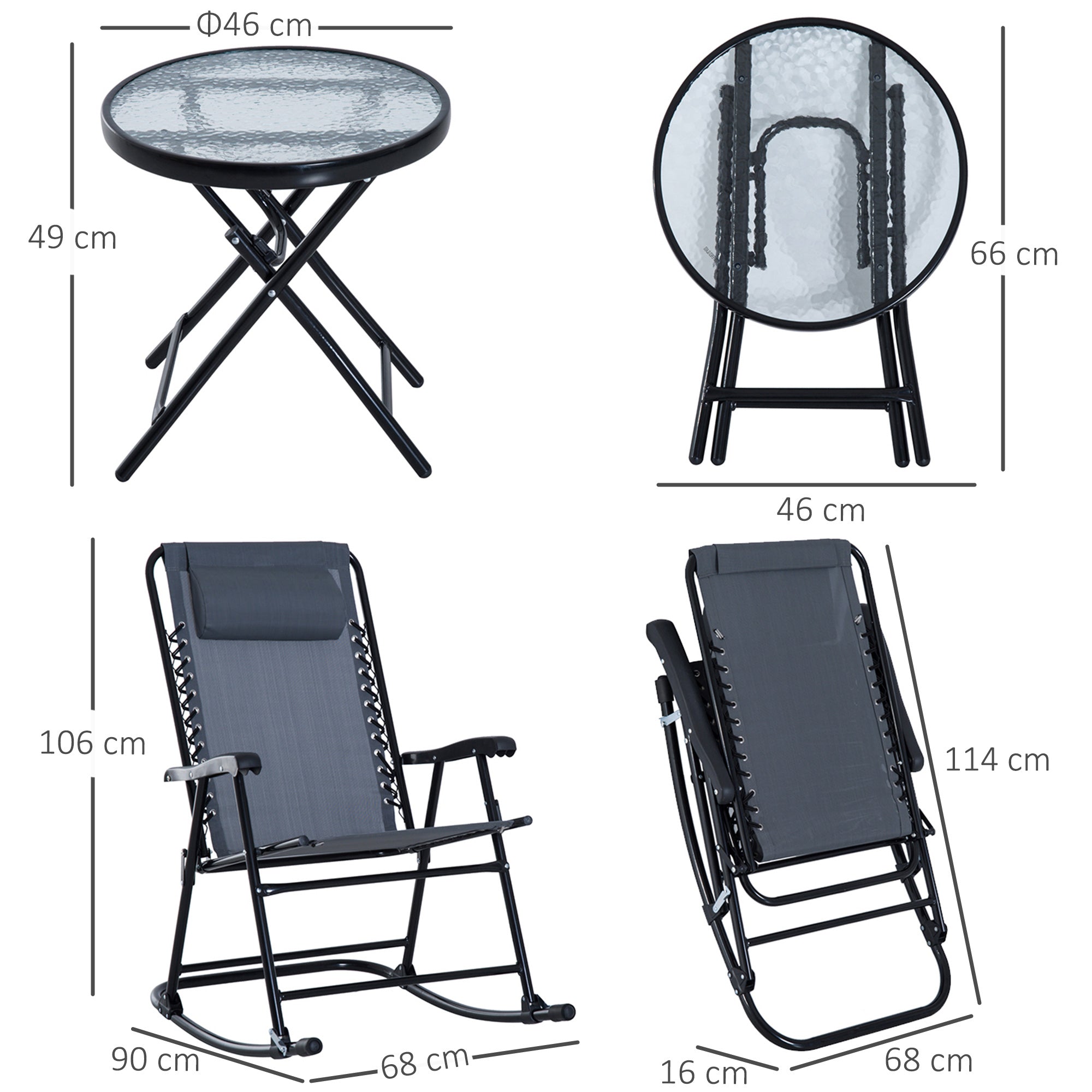 Outsunny 3 Piece Outdoor Rocking Set with 2 Folding Chairs and 1 Tempered Glass Table, Patio Bistro Set for Garden, Deck, Grey