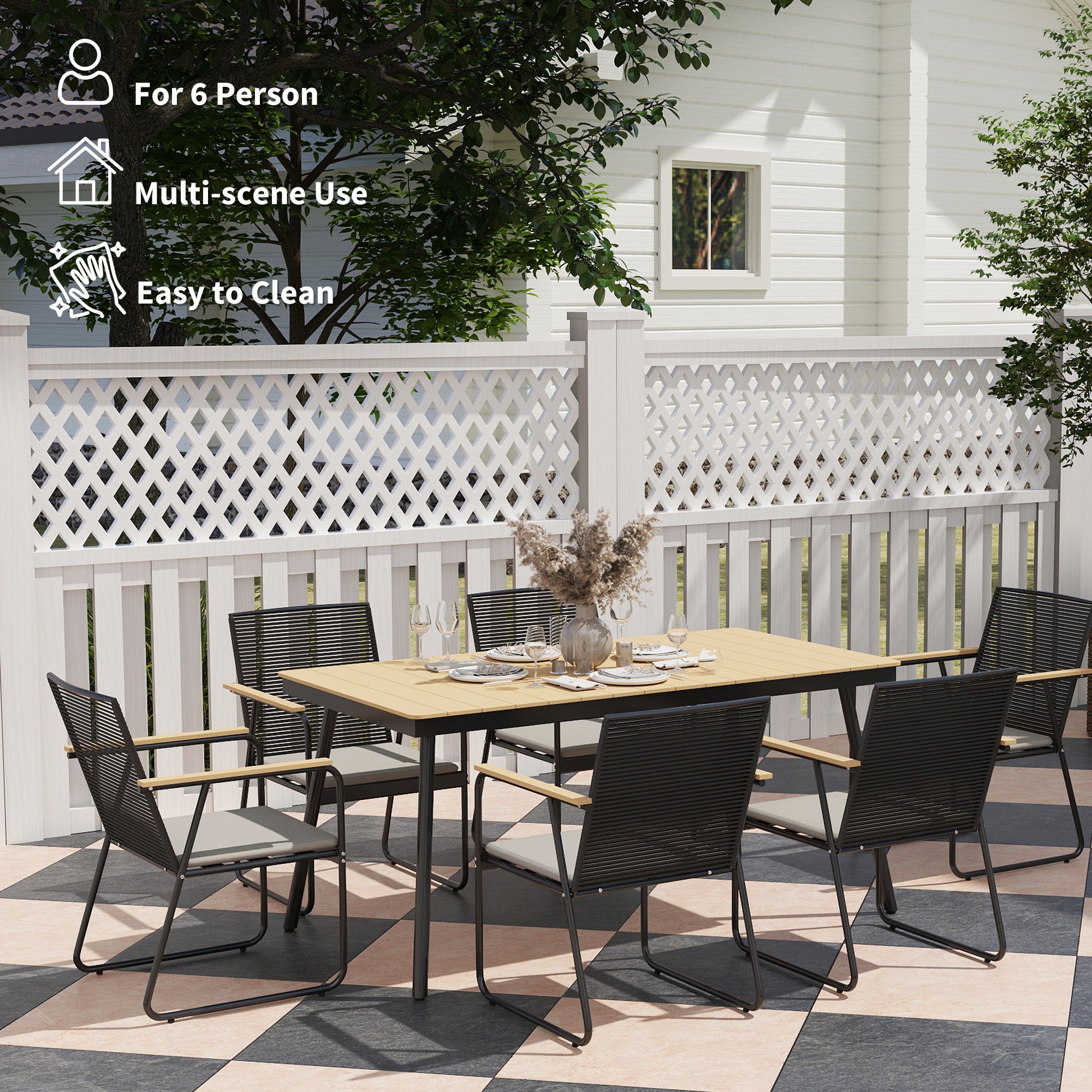 Outsunny 6 Seater Garden Dining Set with Soft Cushions, Rattan Backrest, Rectangular Plastic Top, Garden Furniture Set, Outdoor Dining Table and Chairs for Patio, Balcony, Poolside, Nature Wood Finish - North Peak Garden Furniture