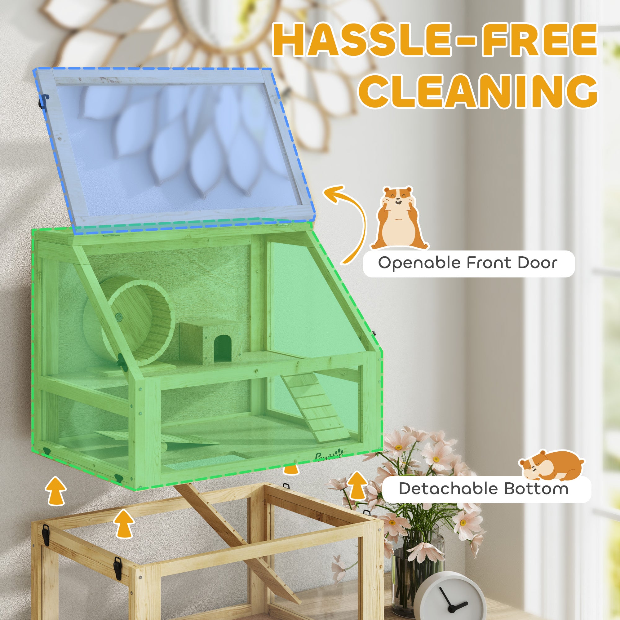 PawHut Wooden Hamster Cage with Detachable 32cm Deep Bottom, Hut, Seesaw, Exercise Wheel, Ramps, 60 x 40 x 75cm - North Peak Garden Furniture