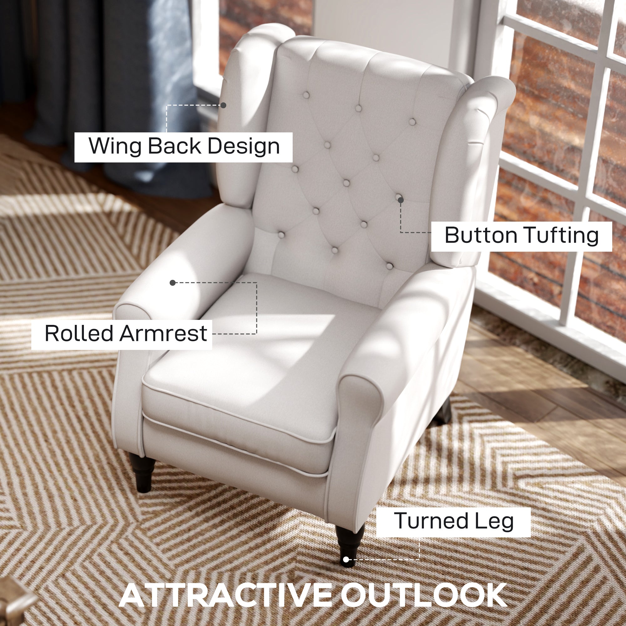 HOMCOM Wingback Accent Chair, Retro Upholstered Button Tufted Occasional Chair for Living Room and Bedroom, Cream White - North Peak Garden Furniture