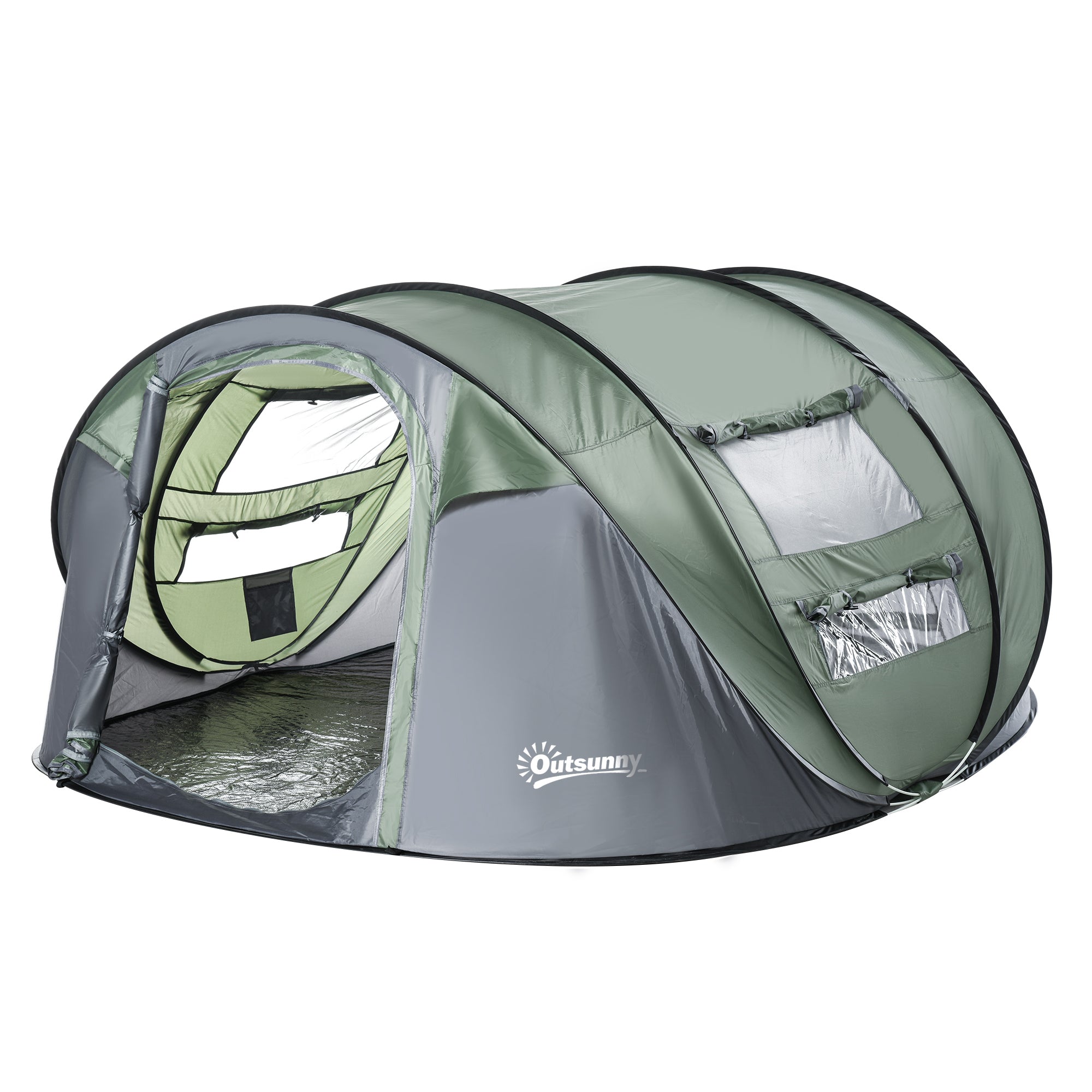 Outsunny 4-5 Person Pop-up Camping Tent Waterproof Family Tent w/ 2 Mesh Windows & PVC Windows Portable Carry Bag for Outdoor Trip, Dark Green