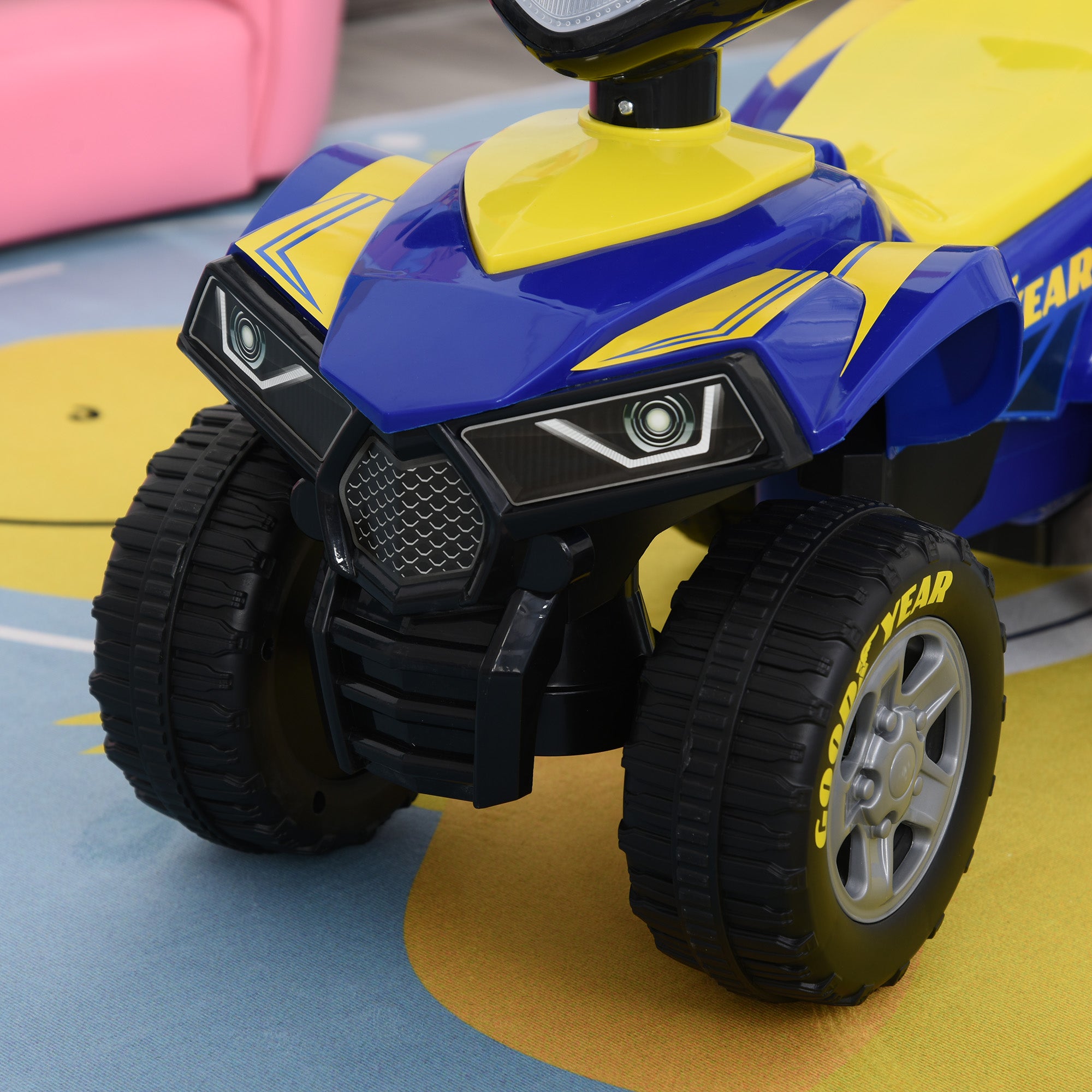 HOMCOM Baby Quad Bike Kids Ride On Car Goodyear Licensed Walker Foot To Floor Slider NO POWER w/ Lights Horn Storage Blue for 18-36 Months - North Peak Garden Furniture