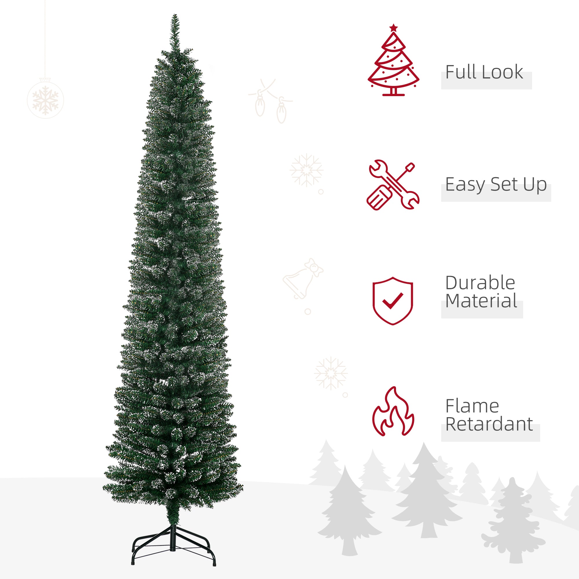 HOMCOM 7.5FT Artificial Snow Dipped Christmas Tree Xmas Pencil Tree Holiday Home Indoor Decoration with Foldable Black Stand, Green - North Peak Garden Furniture