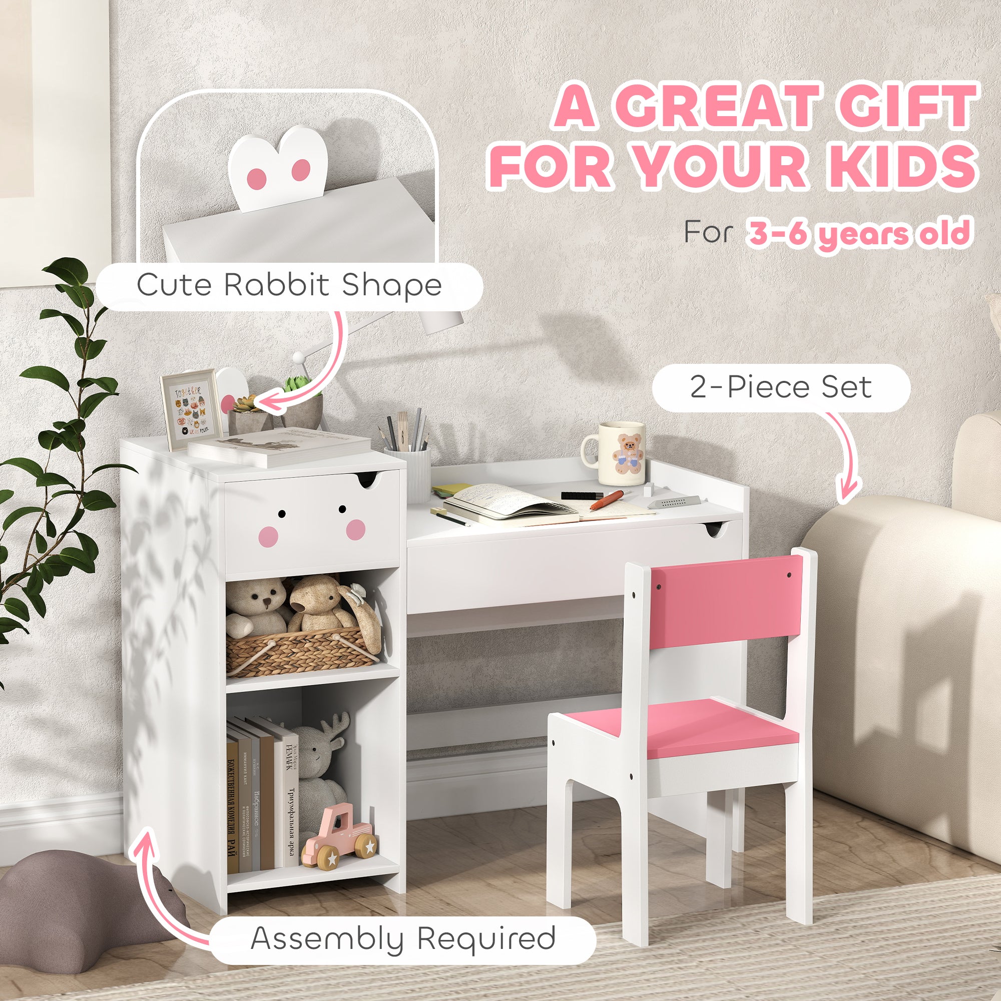 AIYAPLAY Rabbit Themed Kids Desk and Chair Set with Bookcase, Drawers, Storage Shelves, for 3-6 Years, White - North Peak Garden Furniture